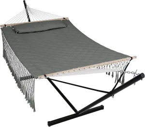 ANOW Double Hammock with Tassels and 12FT Heavy Duty Steel Stand Included, 2 Person Hammock with Stand for Outdoors, Patio, 450 LBS Weight Capacity, Gray