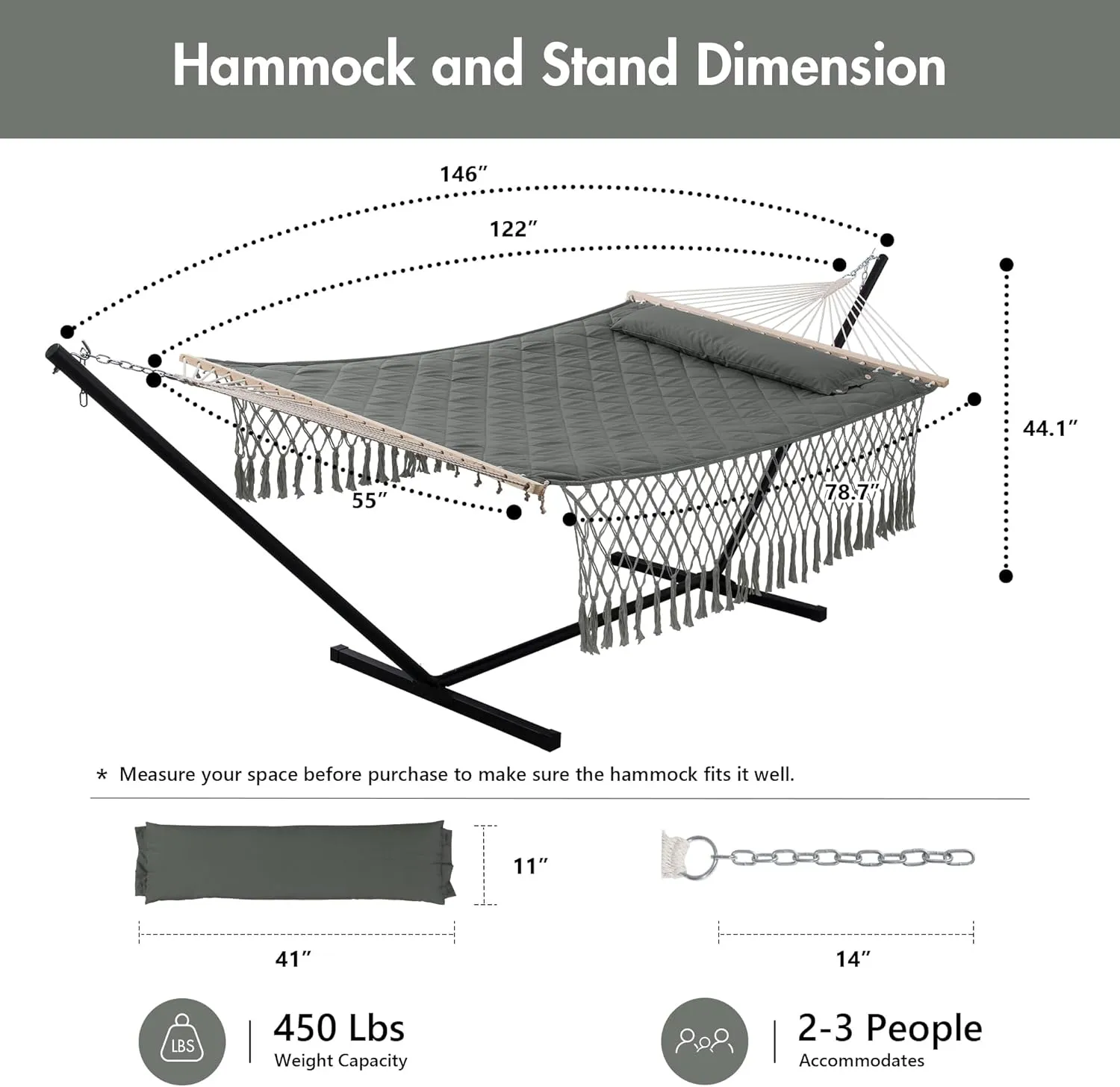 ANOW Double Hammock with Tassels and 12FT Heavy Duty Steel Stand Included, 2 Person Hammock with Stand for Outdoors, Patio, 450 LBS Weight Capacity, Gray