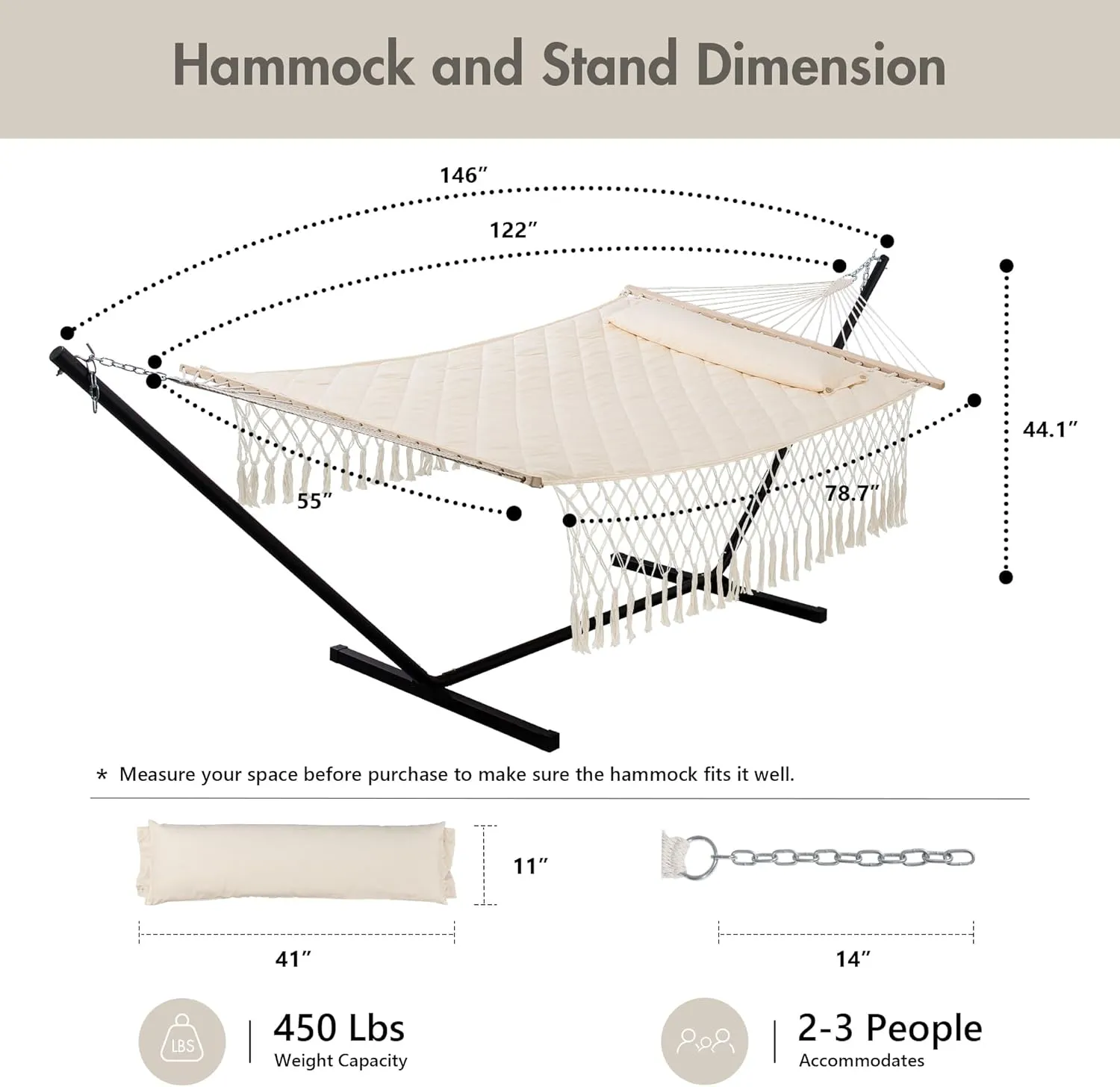 ANOW Outdoor Hammock with Tassels and 12 Feet Heavy Duty Steel Stand, Two Person Hammock with Stand Included, 450 LBS Weight Capacity, Cream