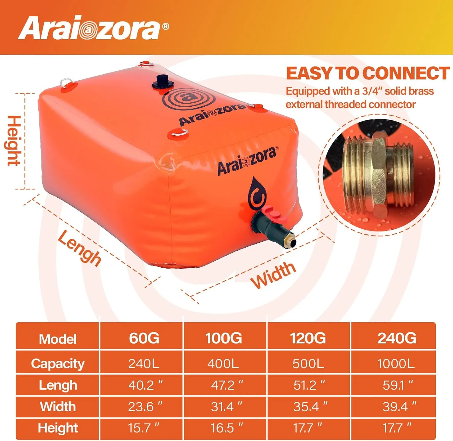 AraiozoraFoldable Water Bladder Tank,240 Gal/1000L Portable Large Capacity Soft Water Bag Storage Container