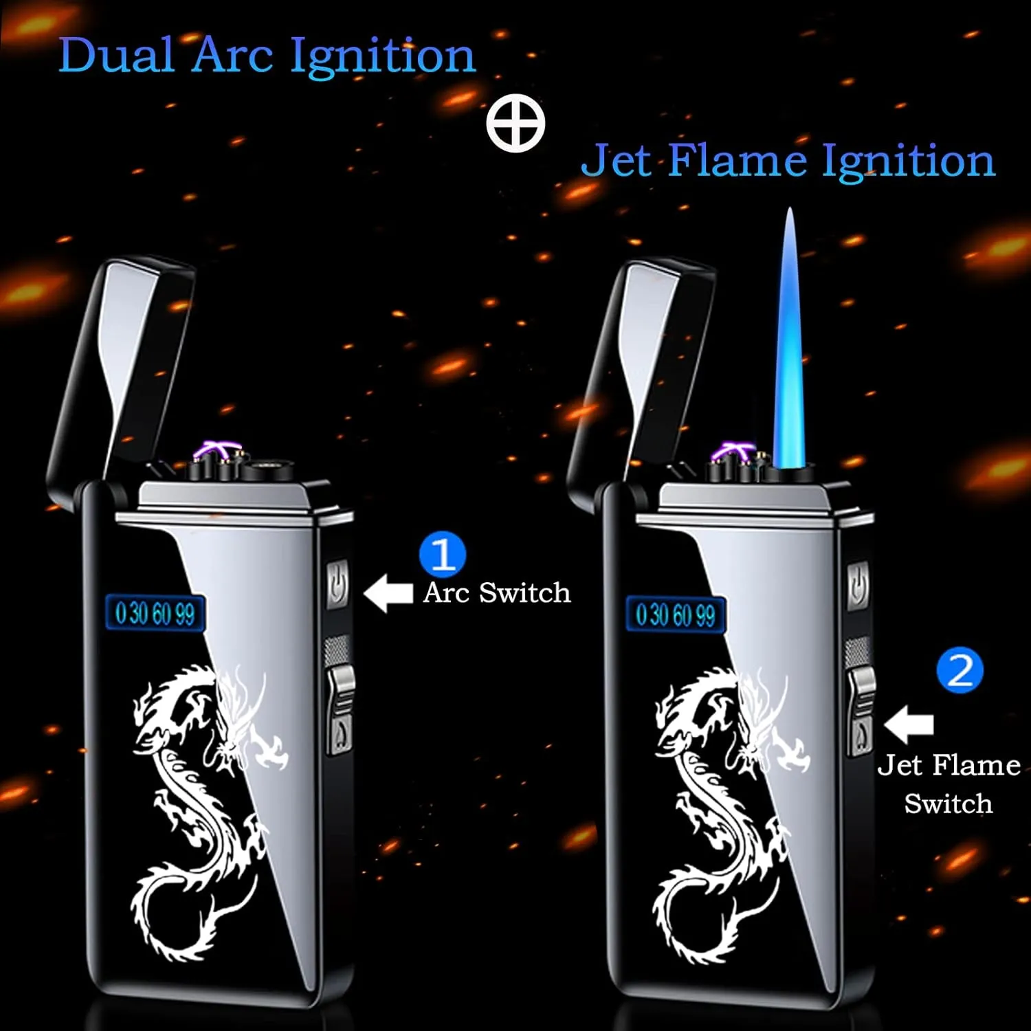 Arc Jet Flame Torch Electronic Lighter - 2 in 1 Refillable Butane, USB Rechargeable with Battery Indicator, Windproof Infinity Electric Lighter - Ice Black