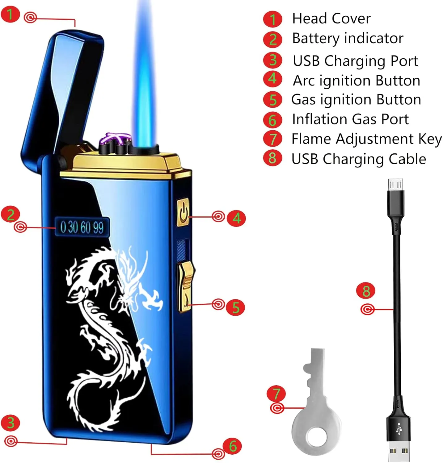 Arc Jet Flame Torch Electronic Lighter - 2 in 1 Refillable Butane, USB Rechargeable with Battery Indicator, Windproof Infinity Electric Lighter - Ice Black