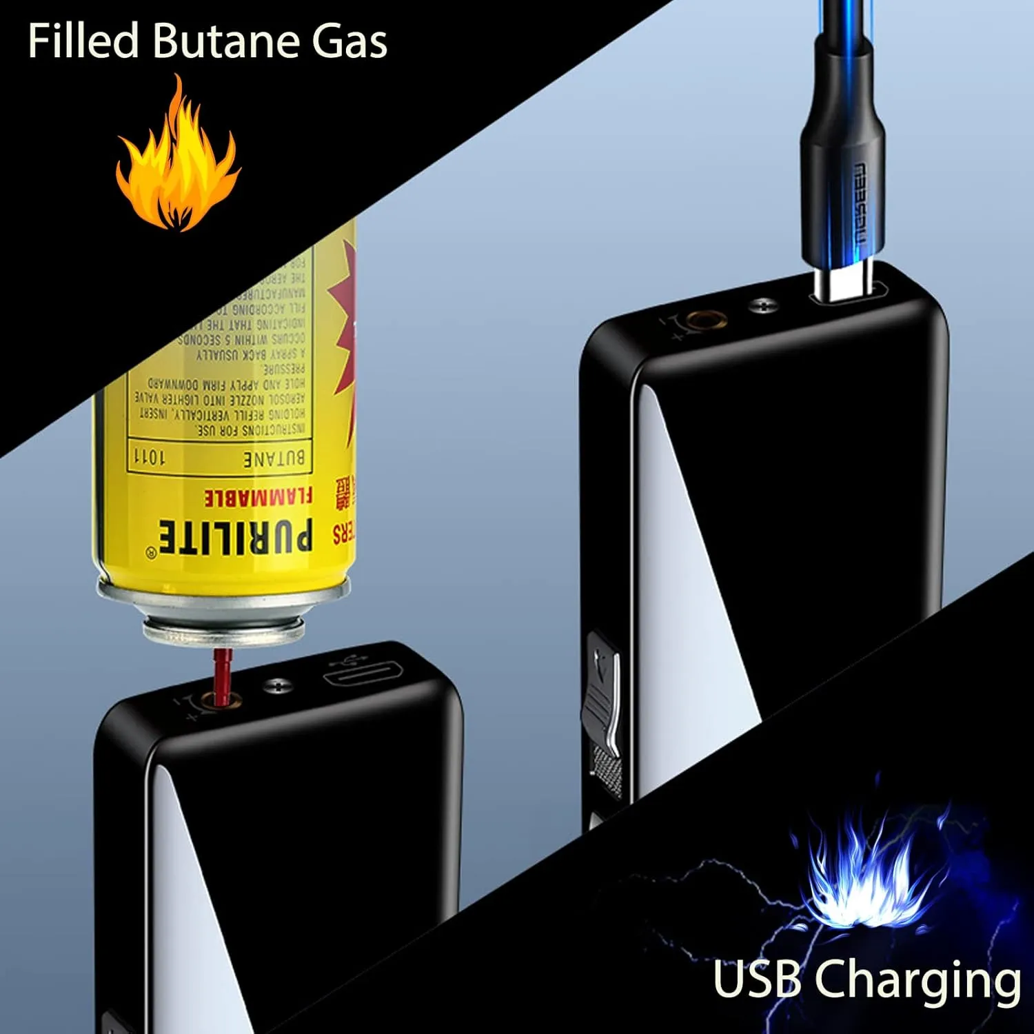 Arc Jet Flame Torch Electronic Lighter - 2 in 1 Refillable Butane, USB Rechargeable with Battery Indicator, Windproof Infinity Electric Lighter - Ice Black
