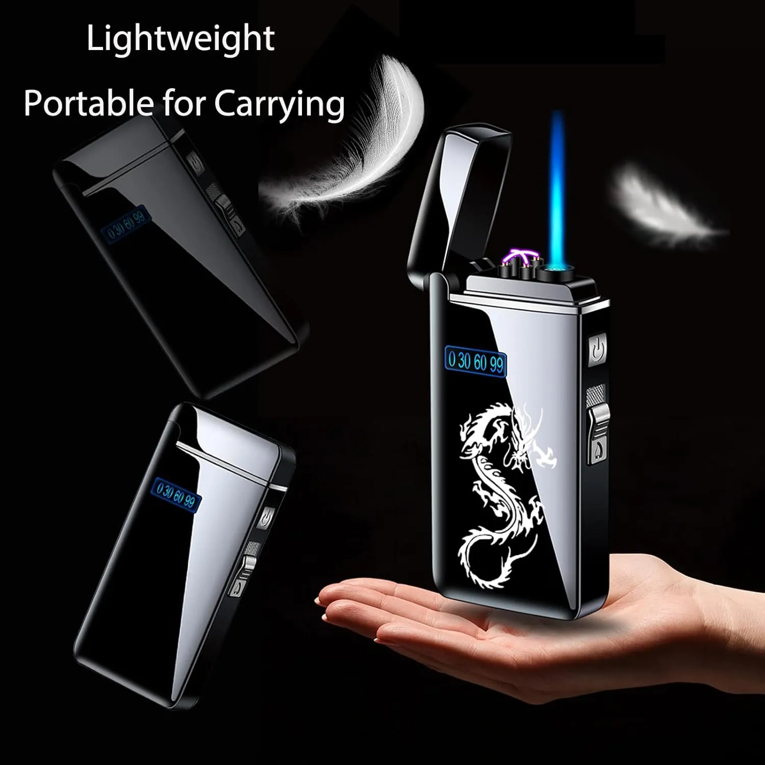 Arc Jet Flame Torch Lighter - 2 in 1 Electronic Refillable Butane, USB Rechargeable With Battery Indicator, Windproof Infinity Electric Plasma Cycle Charge (Blue Dragon)