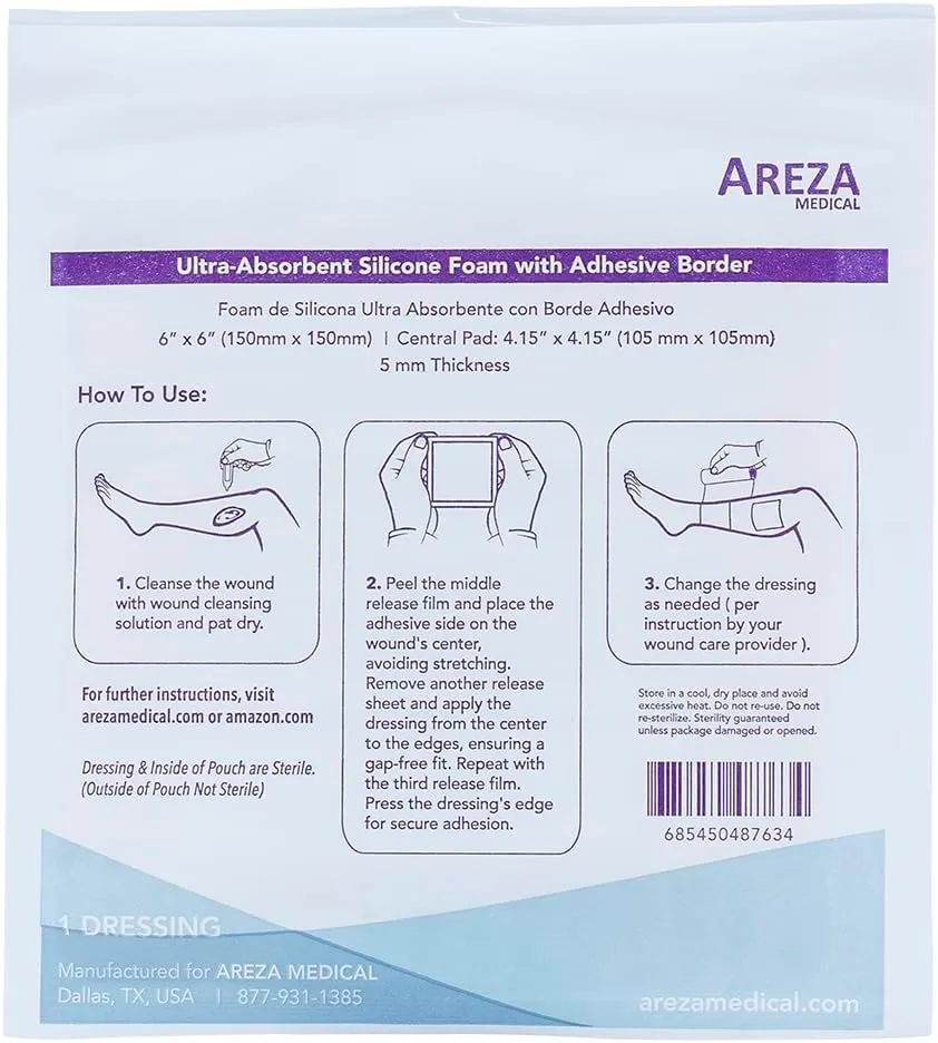 Areza Medical - Silicone Foam with Super-Absorbent Layer - Wound Dressing - Waterproof - with Silicone Adhesive Border - Sterile - 6" x 6" - 20 PCS per Box - FSA/HSA Approved