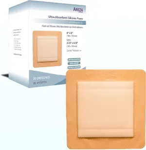 Areza Medical - Silicone Foam with Super-Absorbent Layer - Wound Dressing - Waterproof - with Silicone Adhesive Border - Sterile - 6" x 6" - 20 PCS per Box - FSA/HSA Approved