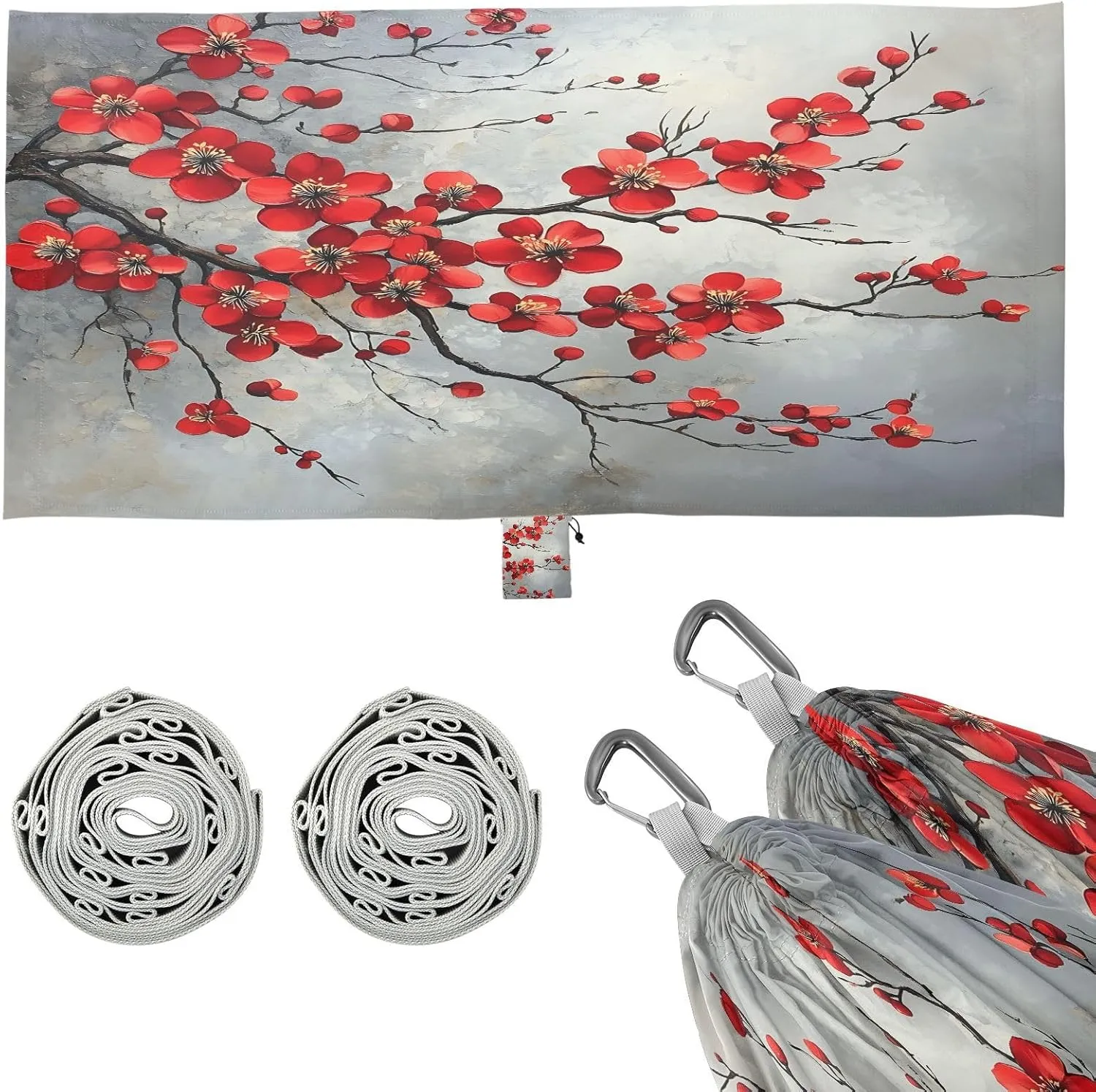 Art Red Blossoms Flowers Camping Hammock Single Portable Hammocks 330 lbs Capacity with 2 Tree Straps and Attached Carry Bag,Perfect for Outdoor,Indoor,Beach,Camping,Travel