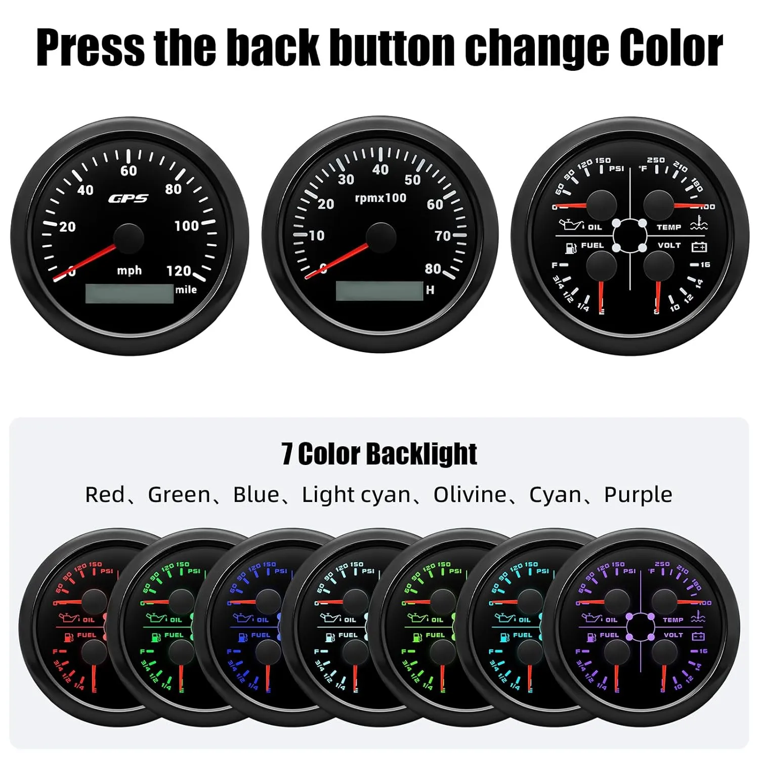 ARTILAURA Boat AUTO 3 Gauge Set- GPS Speedometer, Tachometer,4in1 Fuel Level/Water Temperature/Oil Pressure/Voltmeter, 85mm 7 Color Marine Gauges Kit (All Black)
