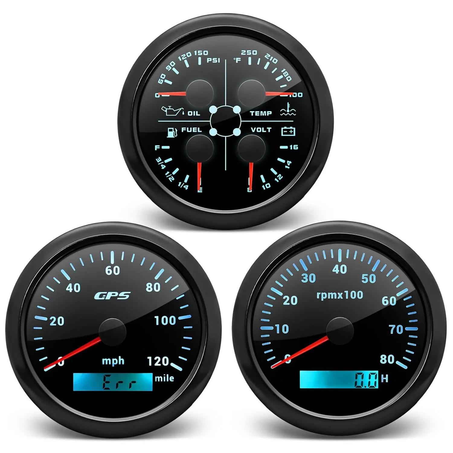 ARTILAURA Boat AUTO 3 Gauge Set- GPS Speedometer, Tachometer,4in1 Fuel Level/Water Temperature/Oil Pressure/Voltmeter, 85mm 7 Color Marine Gauges Kit (All Black)
