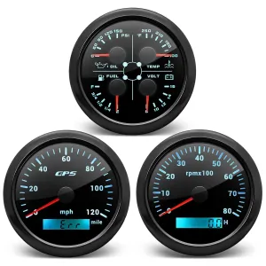 ARTILAURA Boat AUTO 3 Gauge Set- GPS Speedometer, Tachometer,4in1 Fuel Level/Water Temperature/Oil Pressure/Voltmeter, 85mm 7 Color Marine Gauges Kit (All Black)