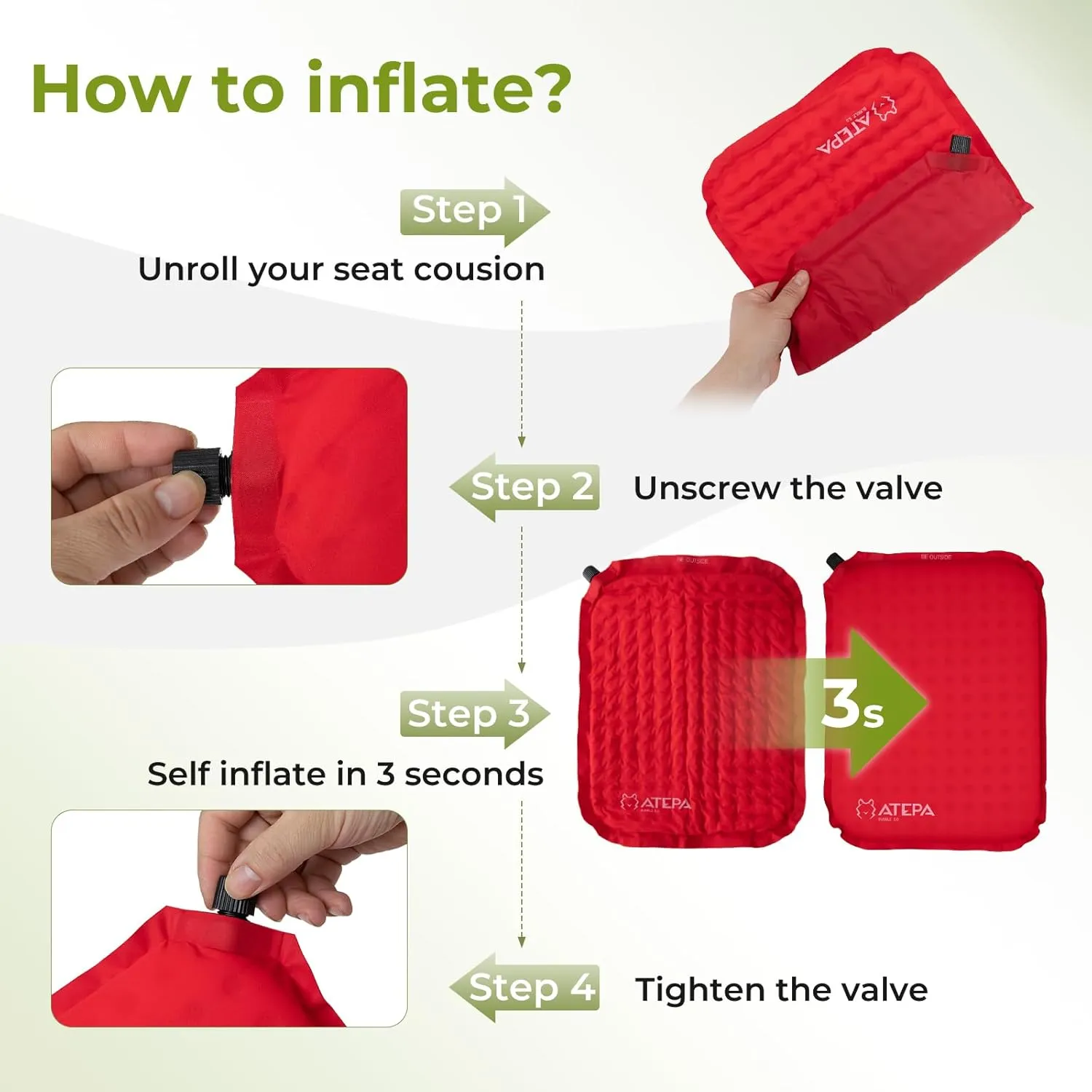 ATEPA Inflatable Stadium Seat Cushion, Self-Inflating Memory Foam Stadium Seats Camping Accessories Chair Pad for Outdoor Airplane Travel Bleacher Patio Backpacking