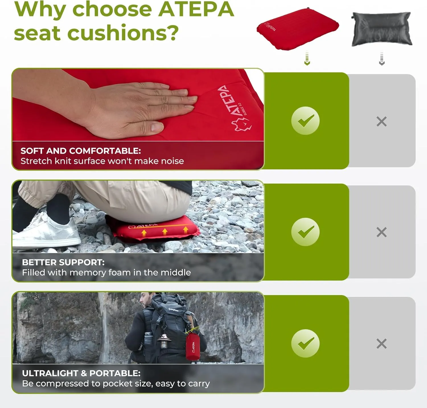 ATEPA Inflatable Stadium Seat Cushion, Self-Inflating Memory Foam Stadium Seats Camping Accessories Chair Pad for Outdoor Airplane Travel Bleacher Patio Backpacking