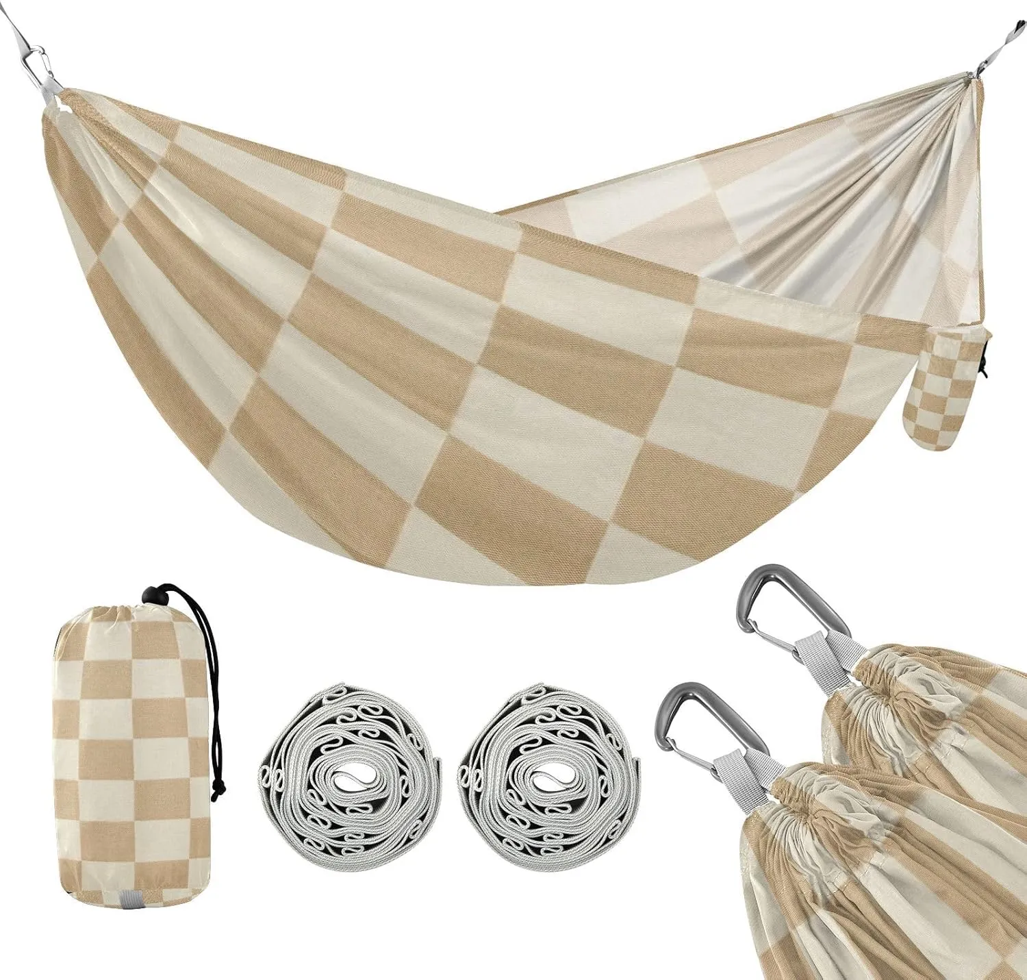 ATTX Checkered Beige Camping Hammock - Lightweight & Portable Hammocks, Heavy Duty 330lbs Capacity for Indoor, Hiking, Backpacking, Travel, Backyard, Beach#222