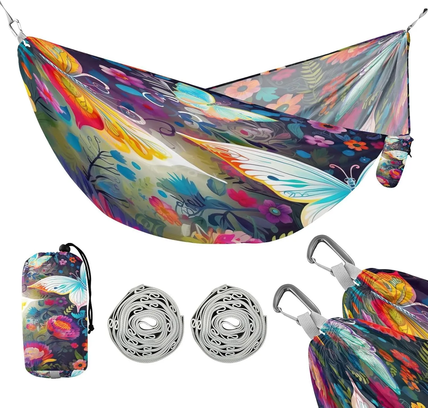 ATTX Colorful Butterflies Camping Hammock - Lightweight & Portable Hammocks, Heavy Duty 330lbs Capacity for Indoor, Hiking, Backpacking, Travel, Backyard, Beach#246