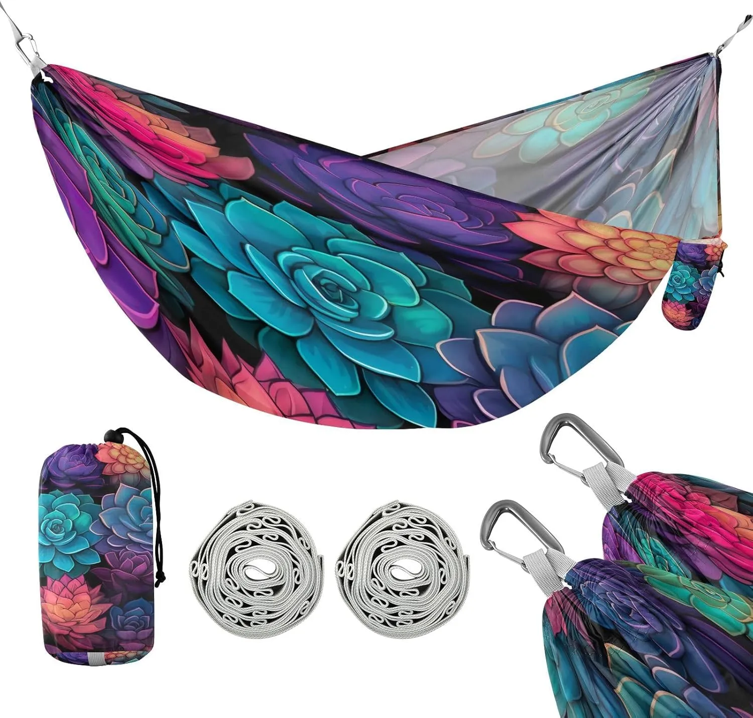 ATTX Colorful Succulents Camping Hammock - Lightweight & Portable Hammocks, Heavy Duty 330lbs Capacity for Indoor, Hiking, Backpacking, Travel, Backyard, Beach#453