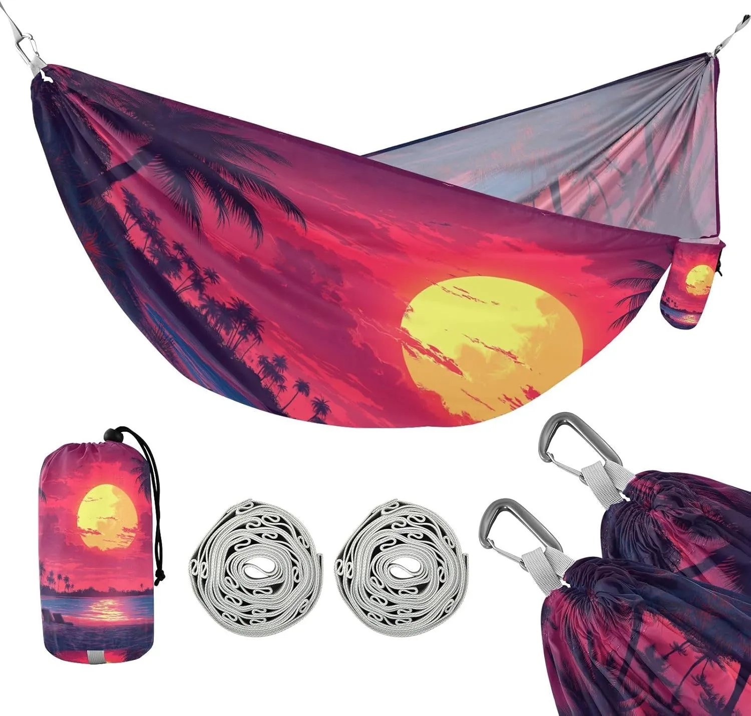 ATTX Sunset Palm Trees Camping Hammock - Lightweight & Portable Hammocks, Heavy Duty 330lbs Capacity for Indoor, Hiking, Backpacking, Travel, Backyard, Beach#46
