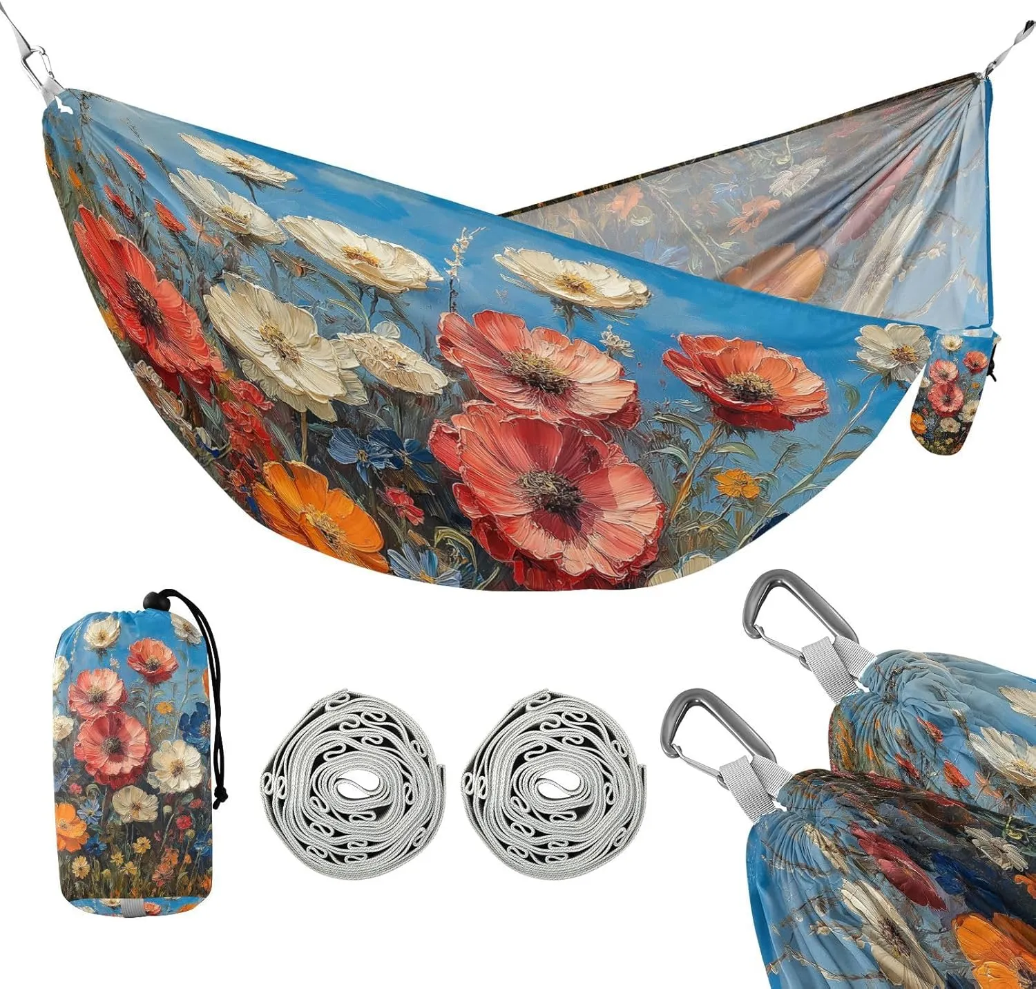ATTX Wild Flowers Oil Painting Camping Hammock - Lightweight & Portable Hammocks, Heavy Duty 330lbs Capacity for Indoor, Hiking, Backpacking, Travel, Backyard, Beach#496