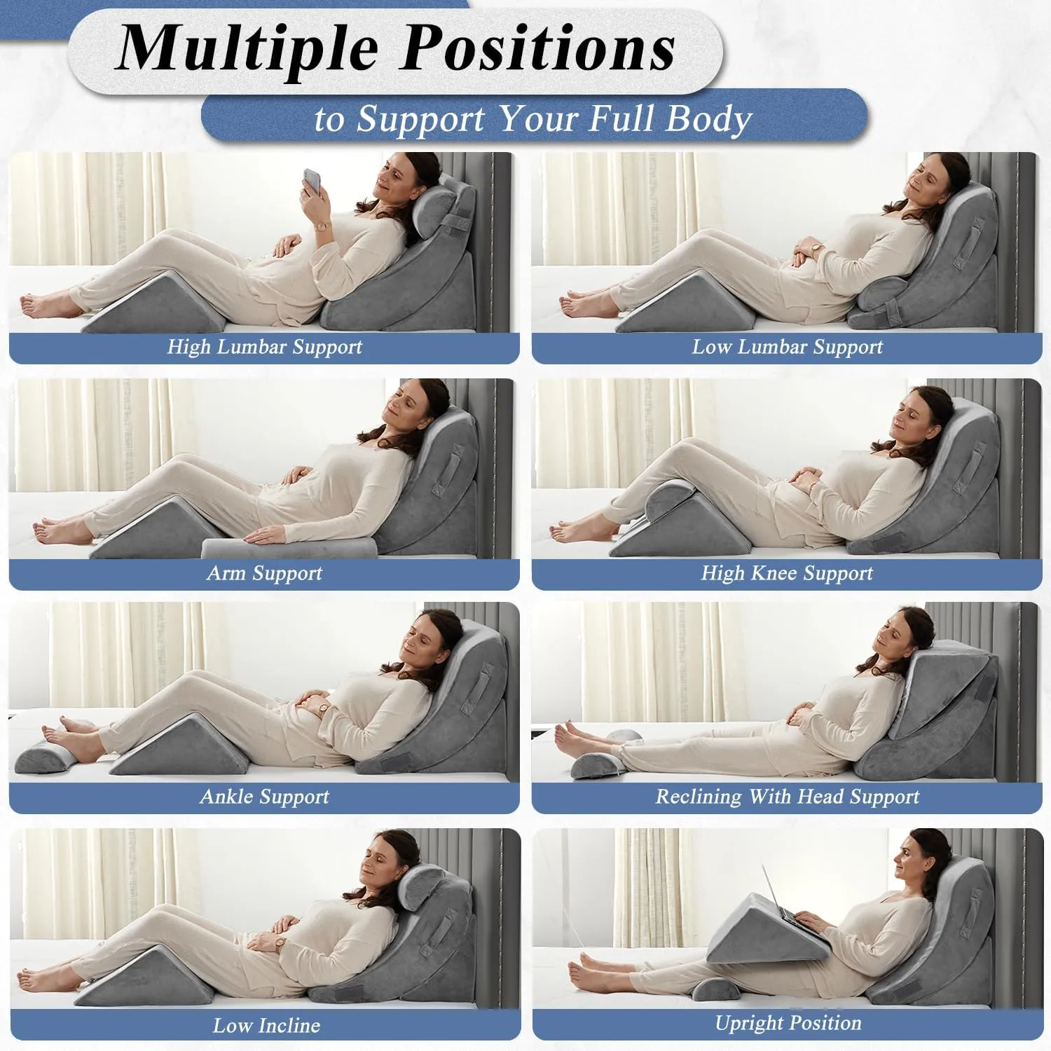 Axelrod 4PCS Orthopedic Bed Wedge Pillow Set, Post Surgery Foam for Back, Neck and Leg Pain Relief Comfortable & Adjustable Ortho Pillows- Anti Snoring, Heartburn, Acid Reflux & GERD Sleeping Grey