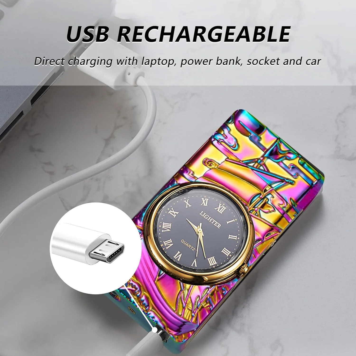 BABOBIU Electric Lighter Cool Lighter Windproof Sailboat Flameless Candle Lighters USB Rechargeable Lighters with Cool Clock dial Gift for Men, Boyfriend, Husband (Colorful)