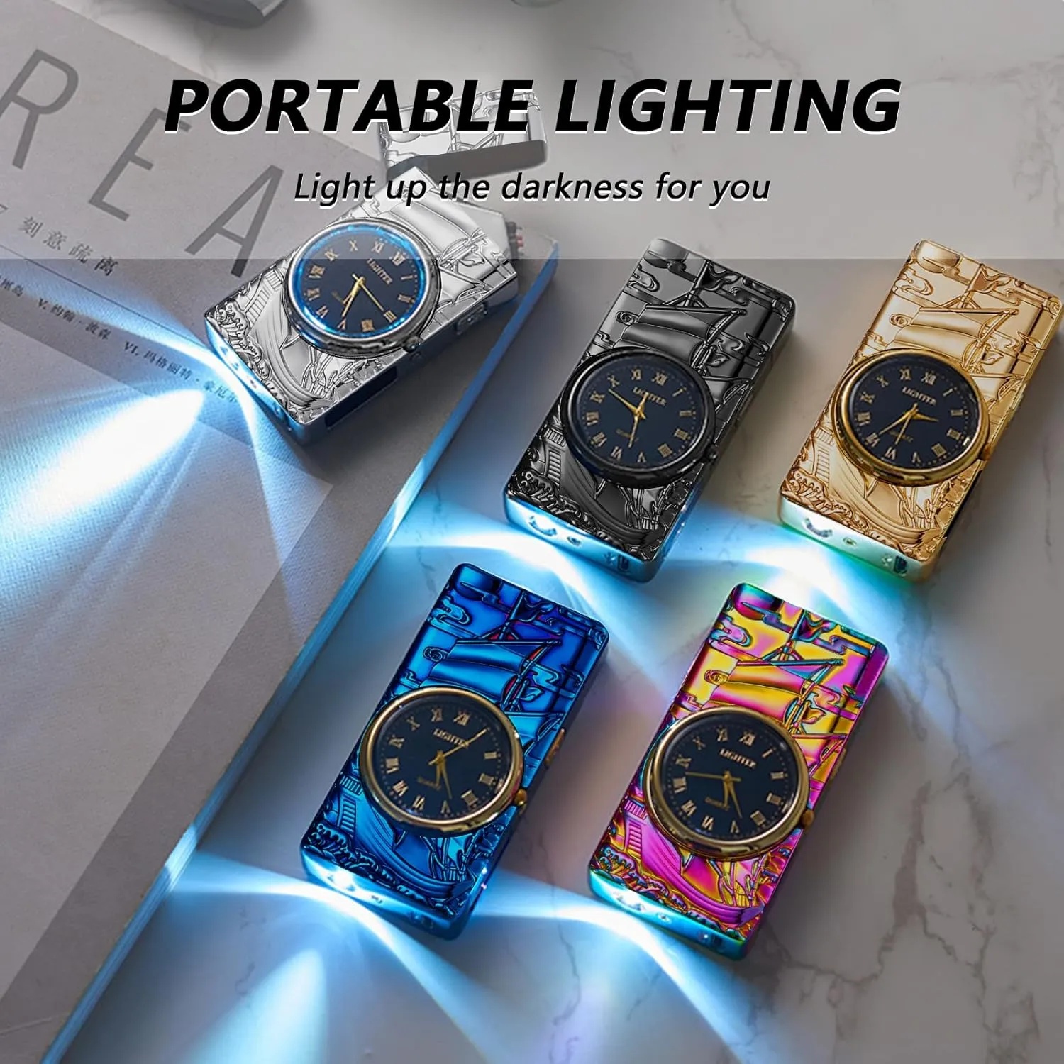BABOBIU Electric Lighter Cool Lighter Windproof Sailboat Flameless Candle Lighters USB Rechargeable Lighters with Cool Clock dial Gift for Men, Boyfriend, Husband (Colorful)