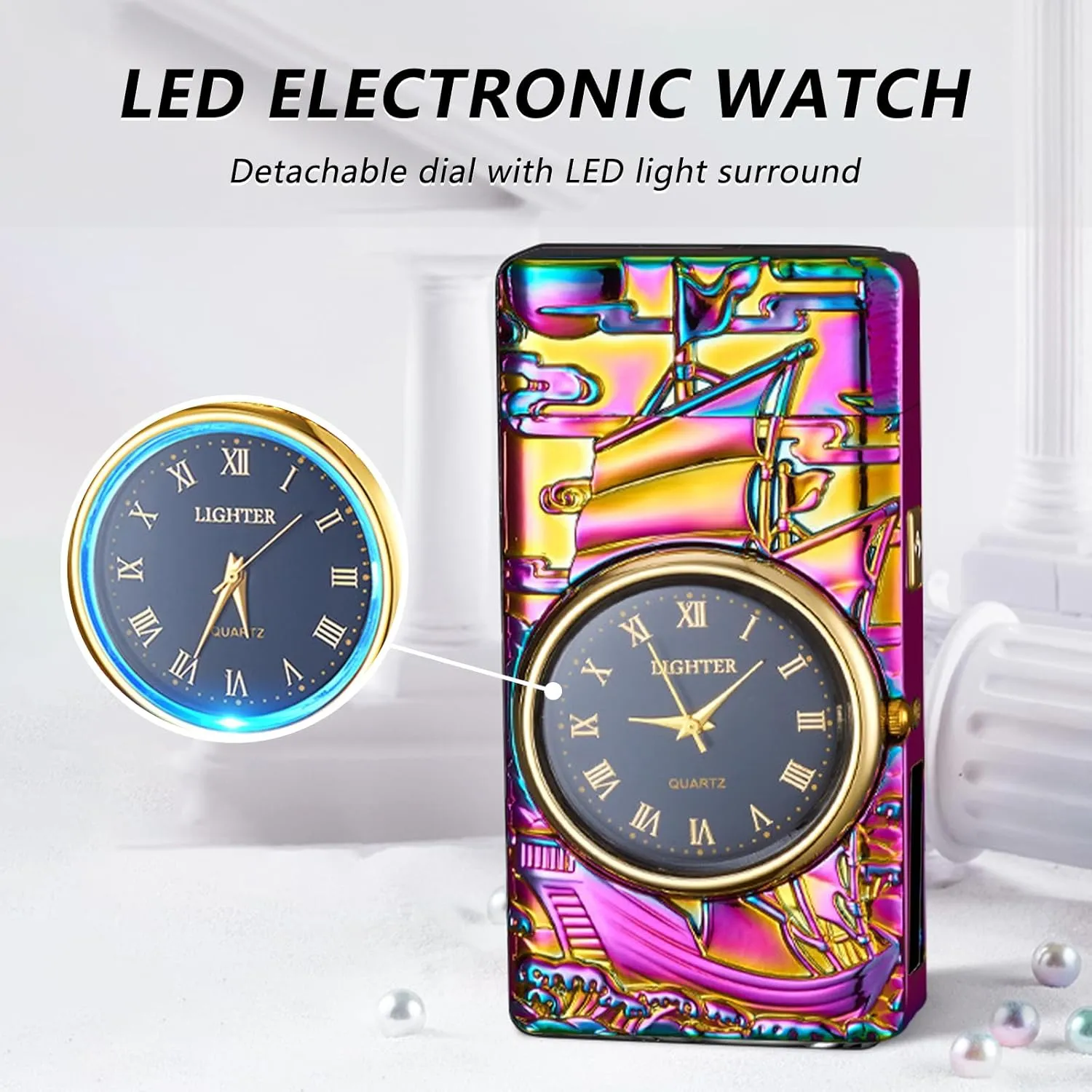 BABOBIU Electric Lighter Cool Lighter Windproof Sailboat Flameless Candle Lighters USB Rechargeable Lighters with Cool Clock dial Gift for Men, Boyfriend, Husband (Colorful)