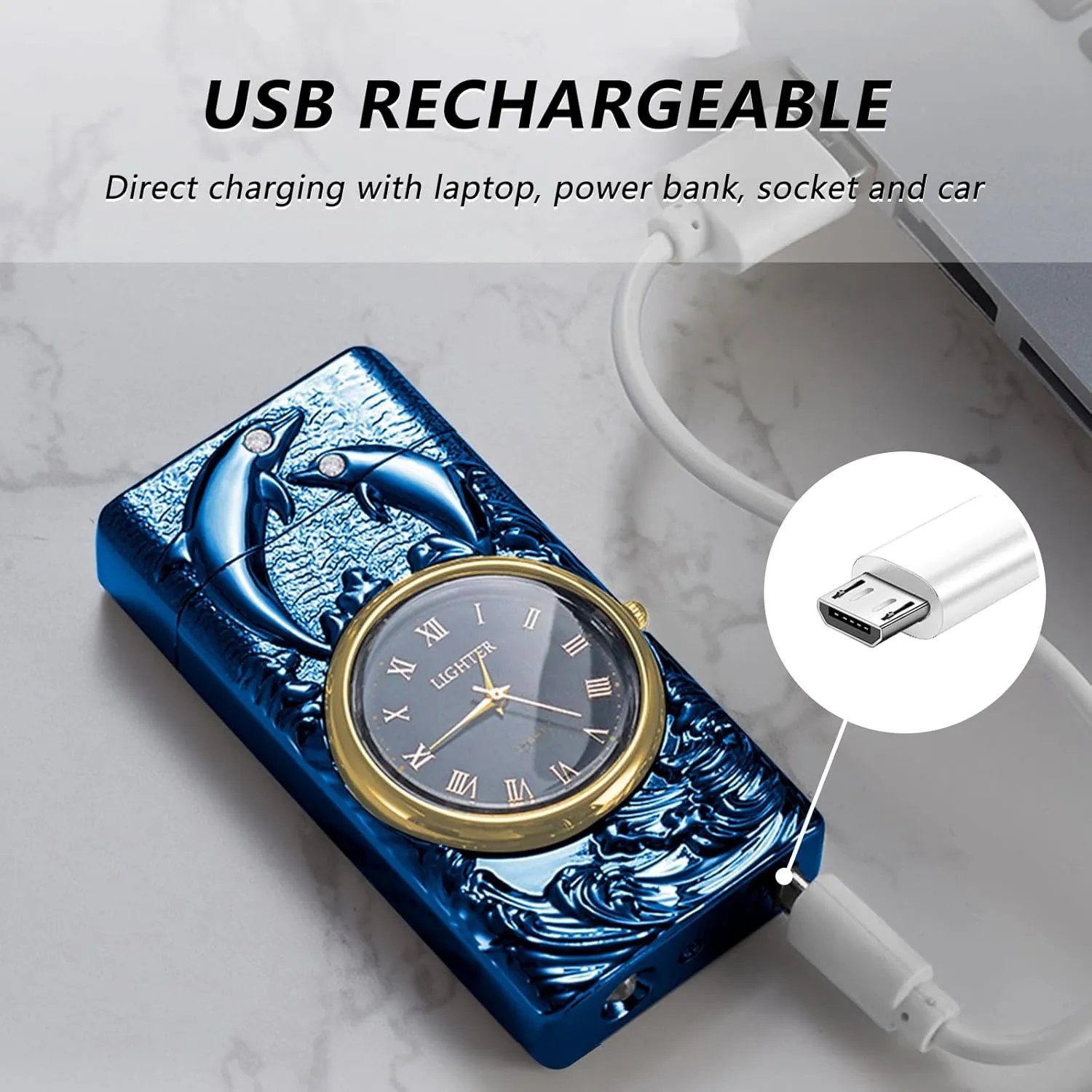 BABOBIU Electric Lighter USB Lighter Rechargeable Dolphin Lighters Windproof Flameless Candle Lighters with Dual Plasma Arc for Candles, Incense, Fireworks (Blue)