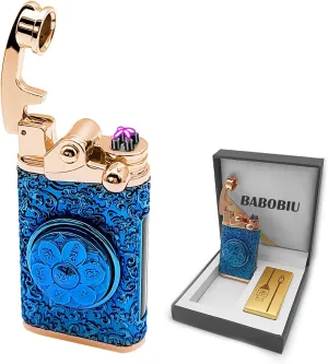 BABOBIU Vintage Embossed Metal Lighter Windproof Rechargeable Lighters with Dual Arc Flame for Fireplace Candle Incense Sticks Camping Essentials (Black)
