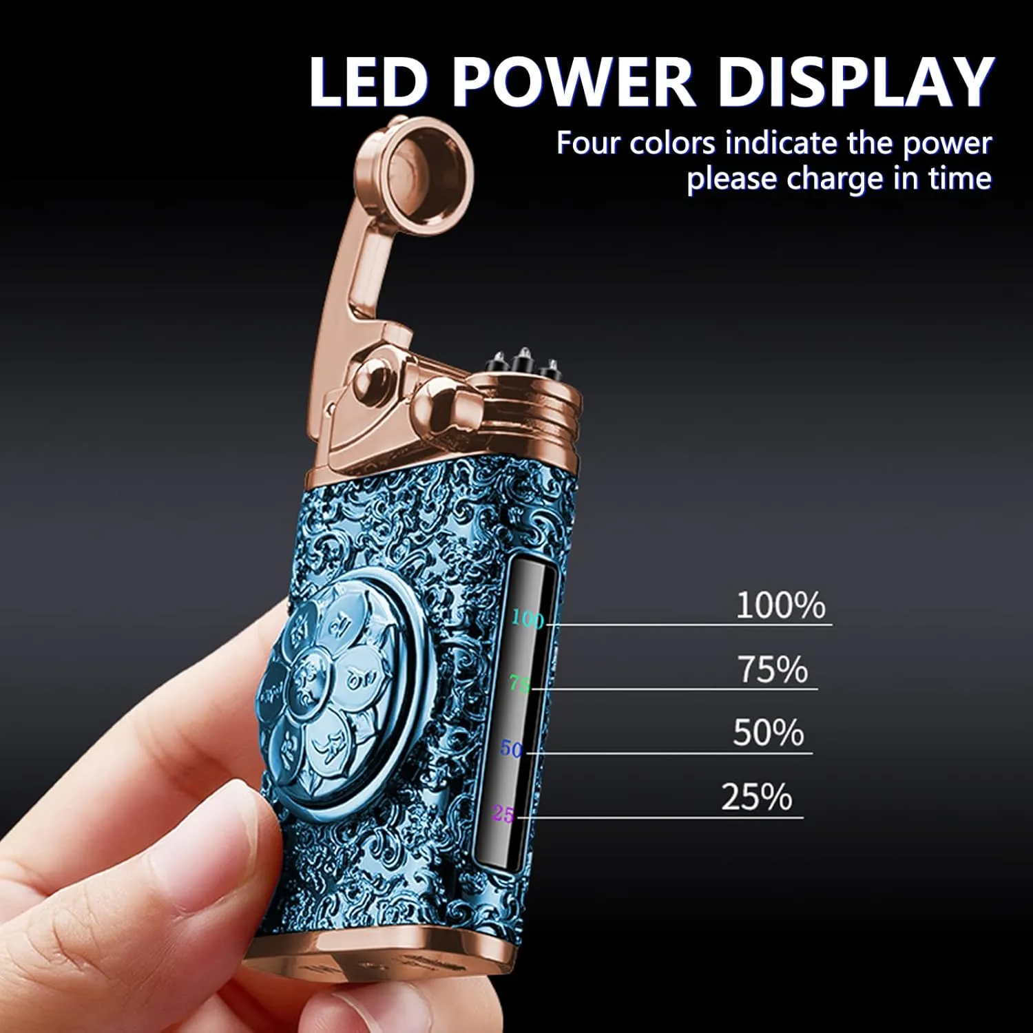 BABOBIU Vintage Embossed Metal Lighter Windproof Rechargeable Lighters with Dual Arc Flame for Fireplace Candle Incense Sticks Camping Essentials (Black)