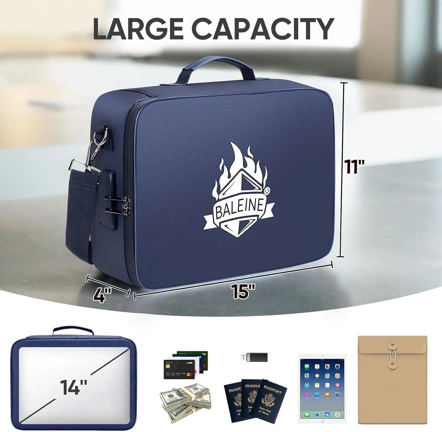 BALEINE Fireproof Document Box with Lock, Portable Fireproof Document Bag Waterproof Fire Proof File Boxes for Documents, File Organizer Box for Important Paperwork (Blue, 15''x11''x4'')