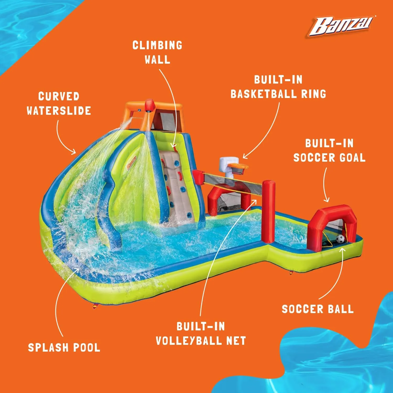 Banzai Aqua Sports Splash Pad Water Park Outdoor Inflatable Waterslide with Climbing Wall and Activities