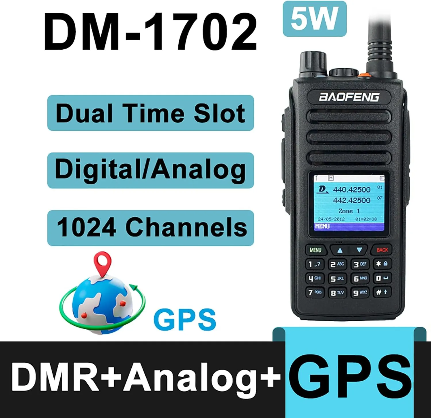 BAOFENG DM-1702 Digital Analog DMR Two Way Radio Dual Time Slot 1&2 5W UHF VHF Long Range with GPS Walkie Talkie for Adult