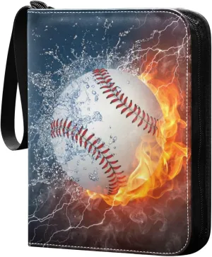 Baseball Ball in Fire and Water Card Binder for Trading Cards, 4 Pocket with 50 Sleeves up to 400 Cards, Double Sided Pockets Card Holder Carry Case for Baseball Card, Football Card, Gaming Cards