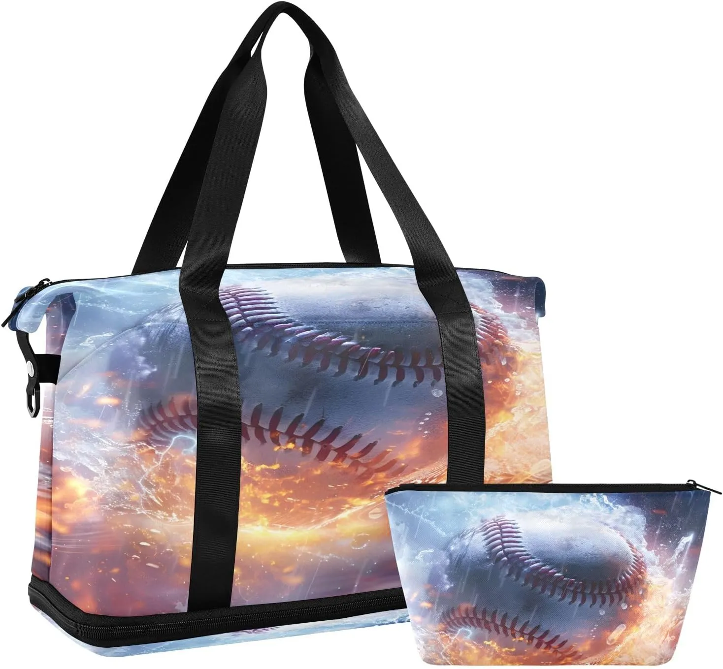 Baseball Water Fire Collisions Travel Duffel Bag Waterproof Gym Sport Tote Bag Carry On Weekender Bag with Compartment