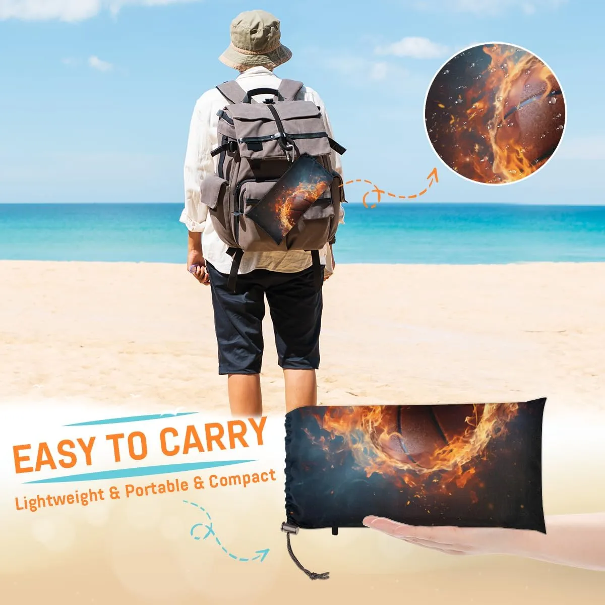 Beach Blanket, Fire Basketball Sandproof Beach Mat, Waterproof Quick Drying Sand Free Mat with 4 x Ground Spikes for Outdoor Travel Camping Hiking, Burning Ball 68 x 59 in
