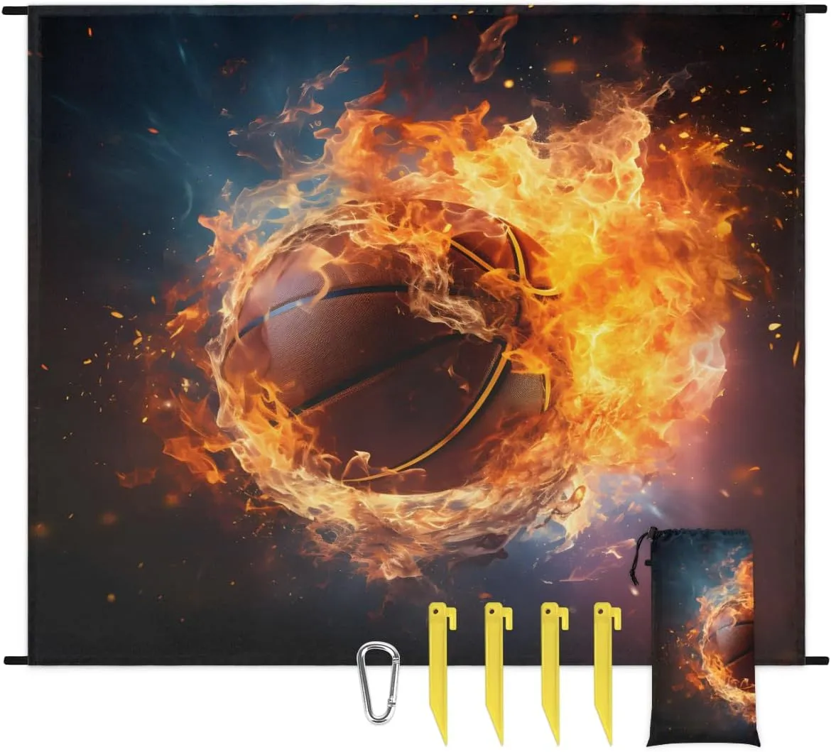 Beach Blanket, Fire Basketball Sandproof Beach Mat, Waterproof Quick Drying Sand Free Mat with 4 x Ground Spikes for Outdoor Travel Camping Hiking, Burning Ball 68 x 59 in