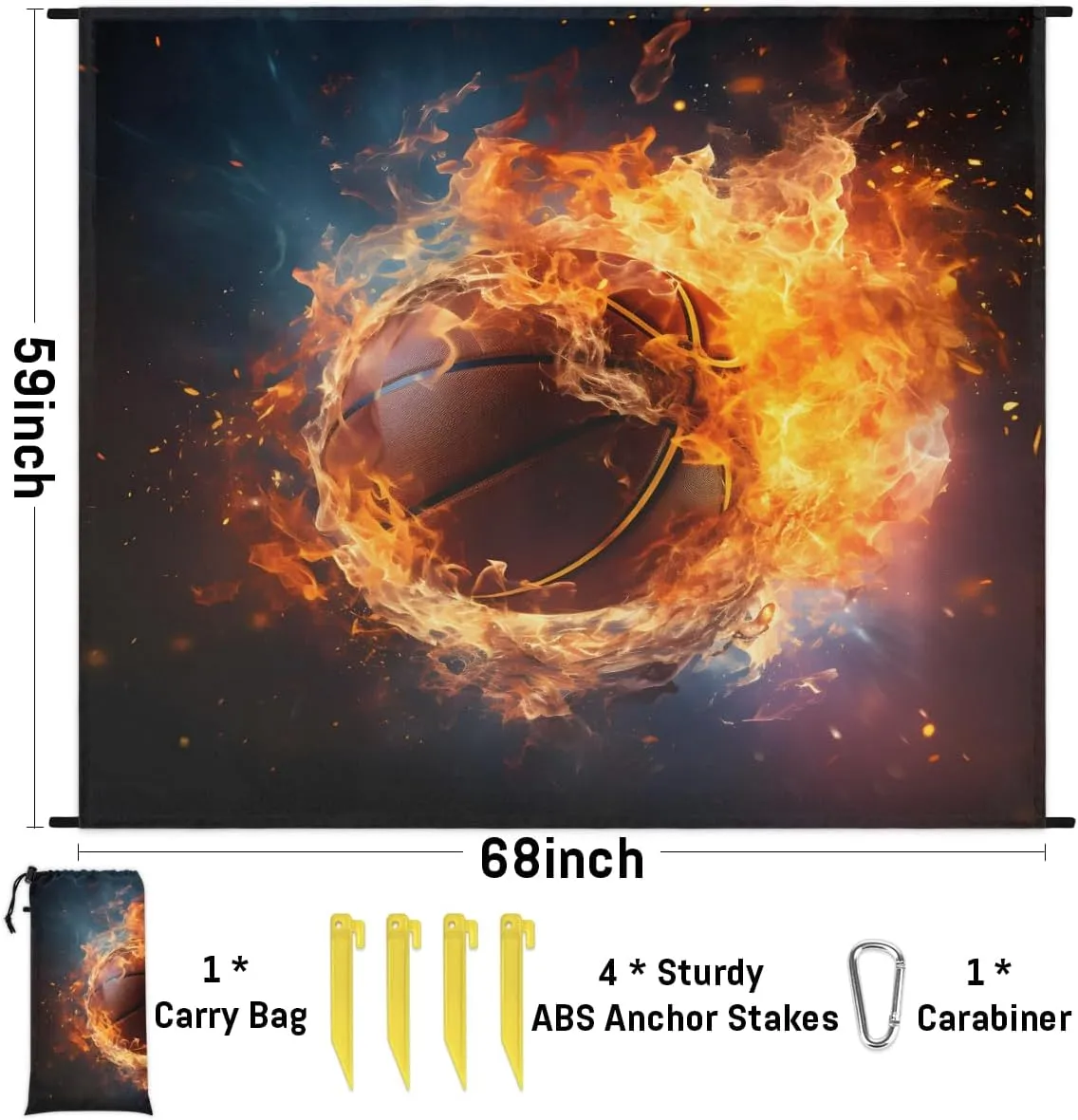 Beach Blanket, Fire Basketball Sandproof Beach Mat, Waterproof Quick Drying Sand Free Mat with 4 x Ground Spikes for Outdoor Travel Camping Hiking, Burning Ball 68 x 59 in