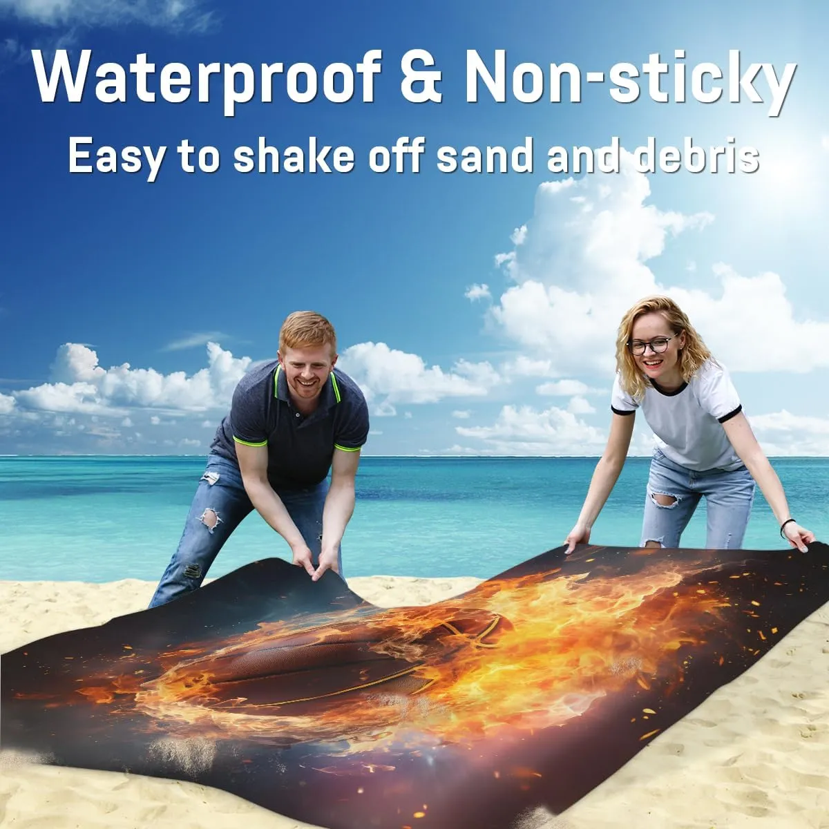 Beach Blanket, Fire Basketball Sandproof Beach Mat, Waterproof Quick Drying Sand Free Mat with 4 x Ground Spikes for Outdoor Travel Camping Hiking, Burning Ball 68 x 59 in