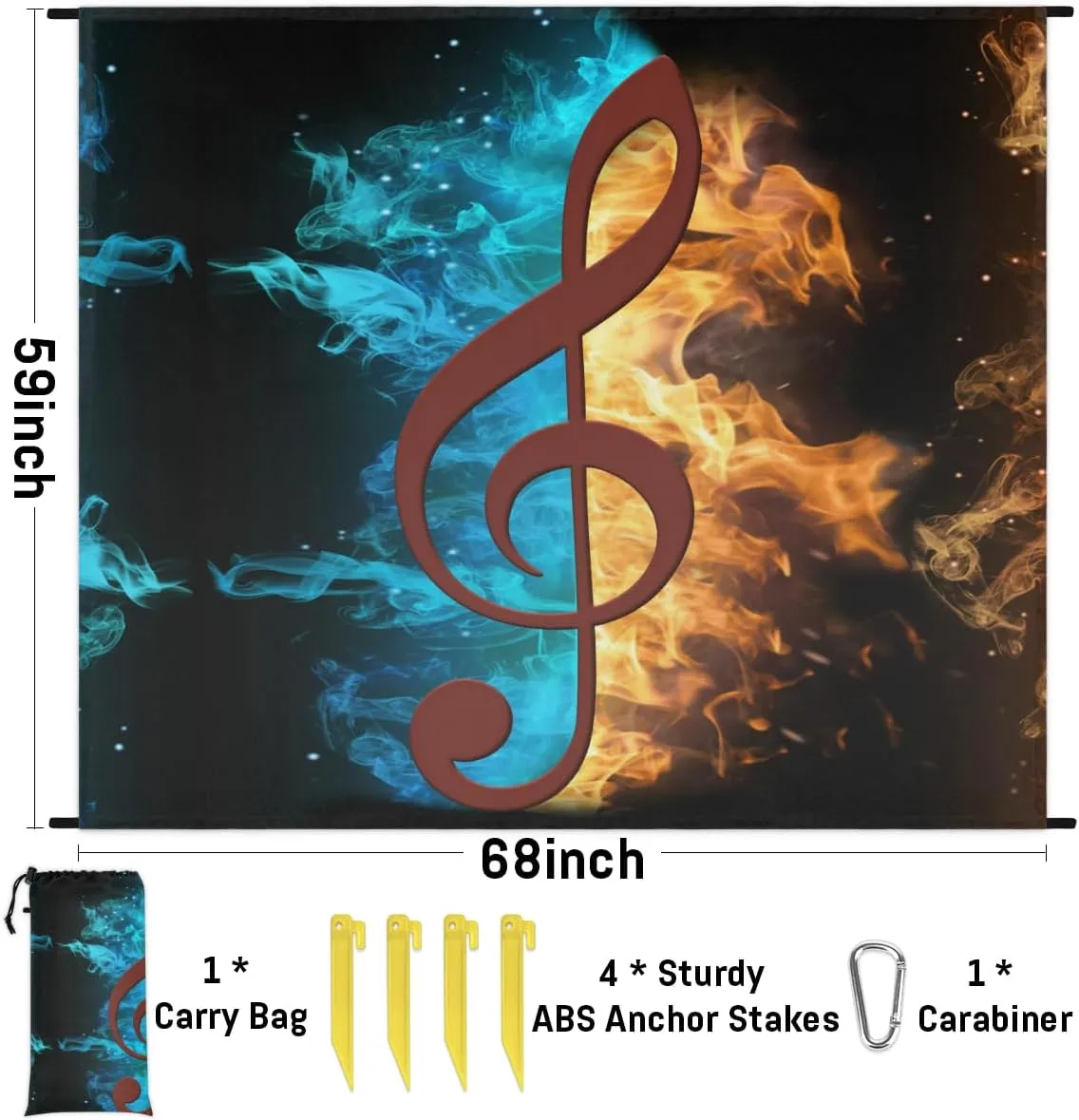 Beach Blanket, Music Note Sandproof Beach Mat, Waterproof Quick Drying Sand Free Mat with 4 x Ground Spikes for Outdoor Travel Camping Hiking, Water and Fire Music 68 x 59 in
