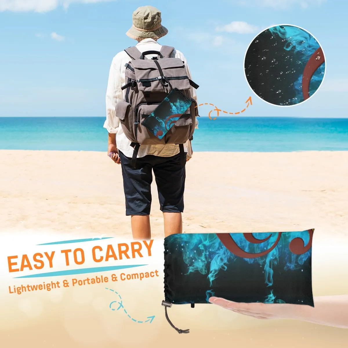 Beach Blanket, Music Note Sandproof Beach Mat, Waterproof Quick Drying Sand Free Mat with 4 x Ground Spikes for Outdoor Travel Camping Hiking, Water and Fire Music 68 x 59 in