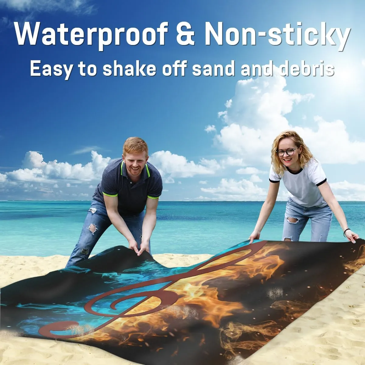 Beach Blanket, Music Note Sandproof Beach Mat, Waterproof Quick Drying Sand Free Mat with 4 x Ground Spikes for Outdoor Travel Camping Hiking, Water and Fire Music 68 x 59 in