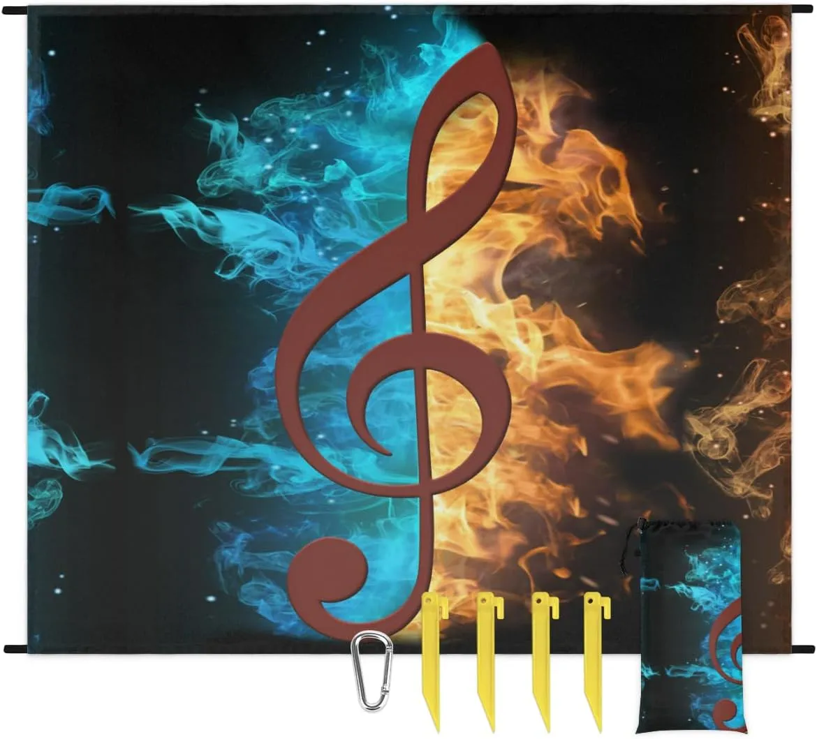 Beach Blanket, Music Note Sandproof Beach Mat, Waterproof Quick Drying Sand Free Mat with 4 x Ground Spikes for Outdoor Travel Camping Hiking, Water and Fire Music 68 x 59 in