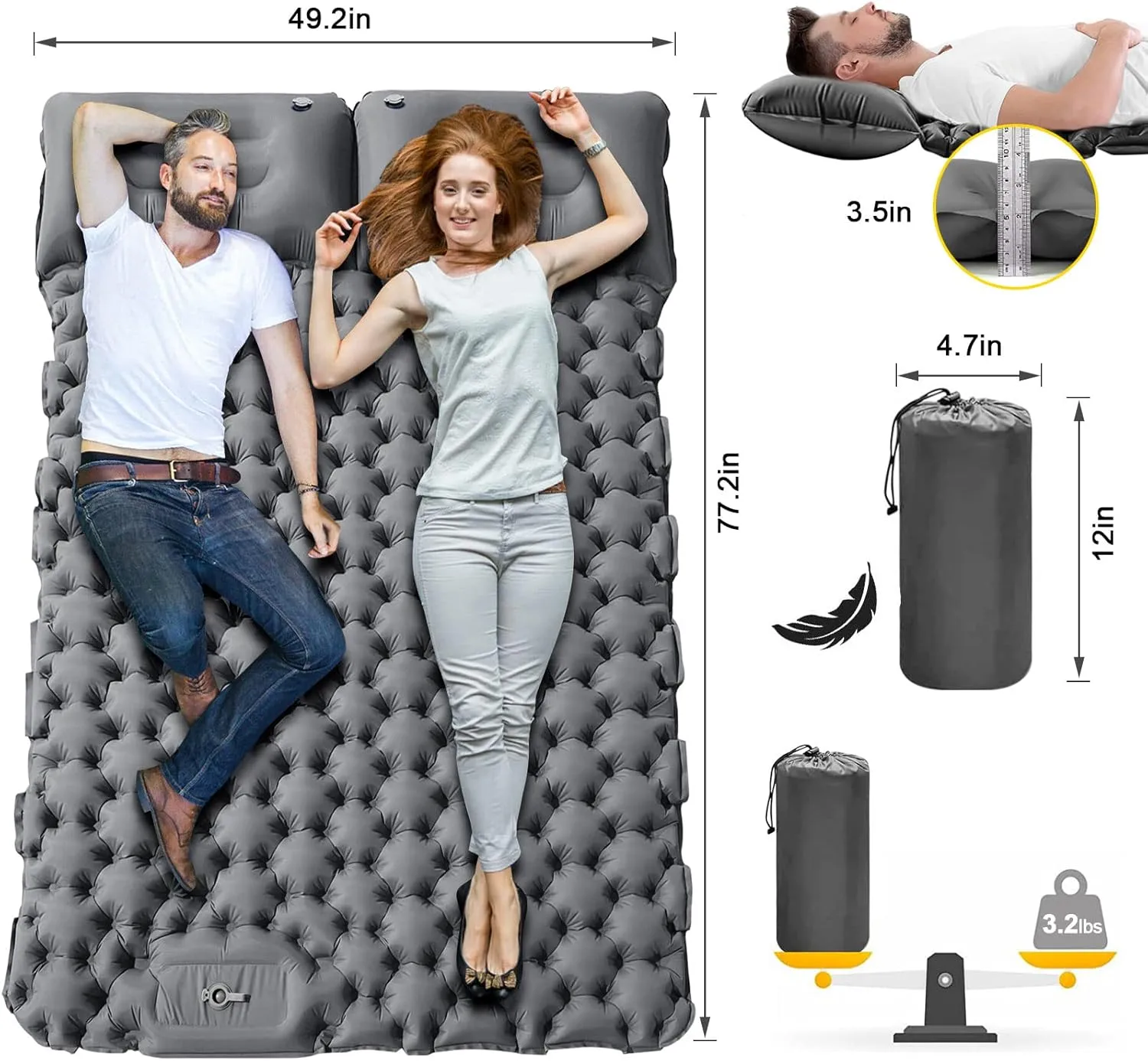 Beacon Pet Double Camping Sleeping Pad with Pillow Thick Inflatable 2 Person Portable Camping Mat Portable Self Inflating Camping Mat for Outdoor Backpacking Hiking Travel (Grey)