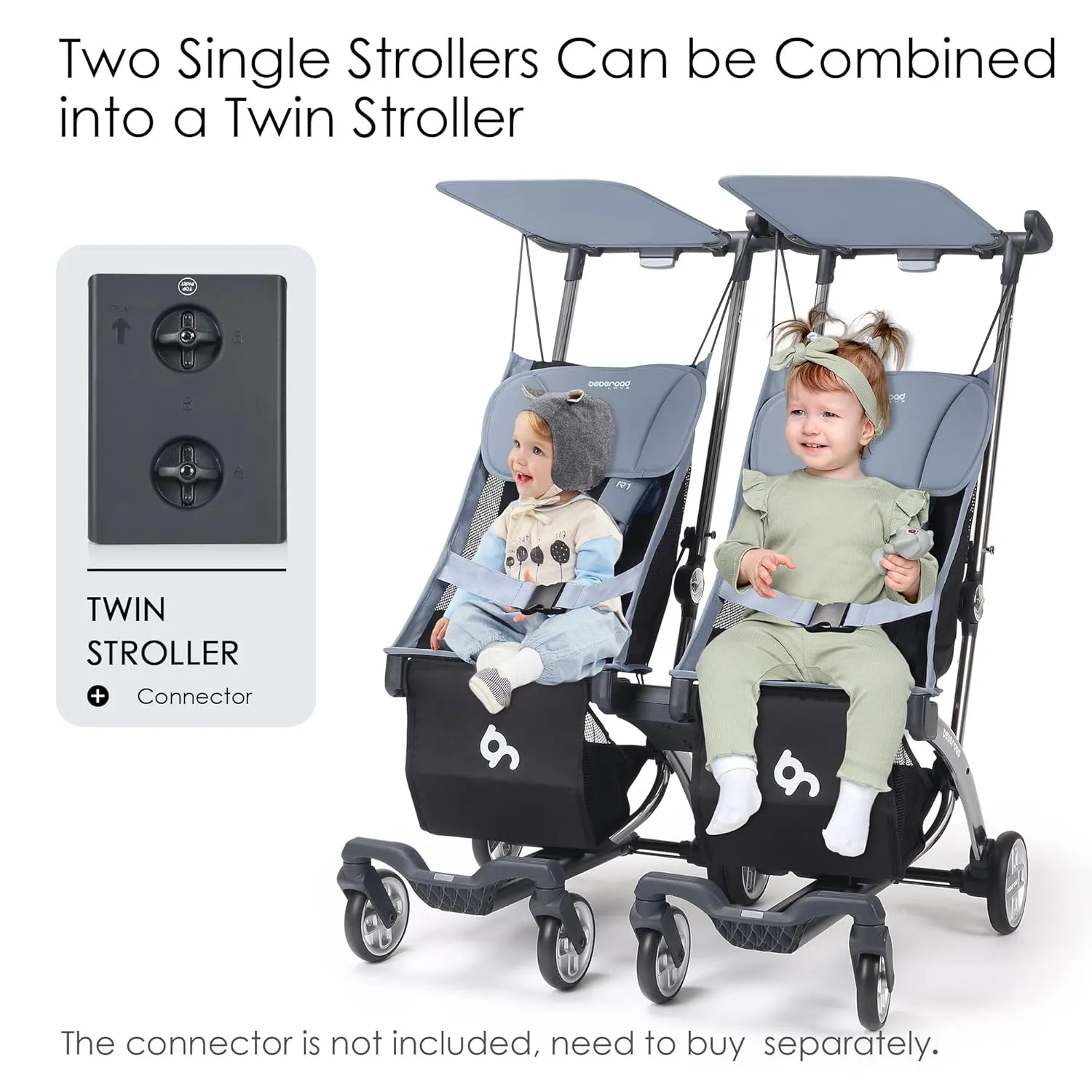 Beberoad Love R1 Auto-Folding Ultra Lightweight Travel Stroller for Airplane, Compact for Babies & Toddlers Aged 6-36 Months, 11.5 lbs, Combines into Double Stroller, Gray