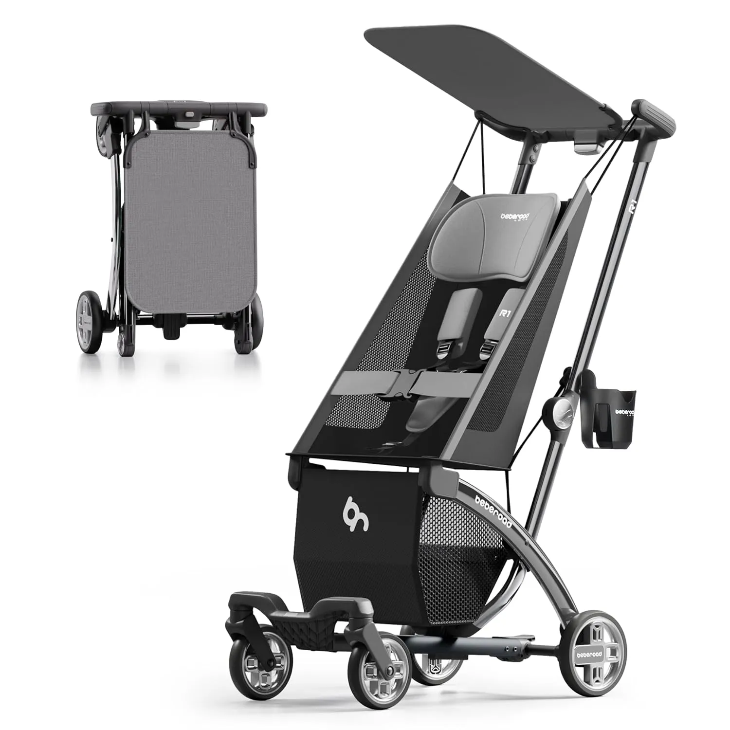 Beberoad Love R1 Auto-Folding Ultra Lightweight Travel Stroller for Airplane, Compact for Babies & Toddlers Aged 6-36 Months, 11.5 lbs, Combines into Double Stroller, Gray