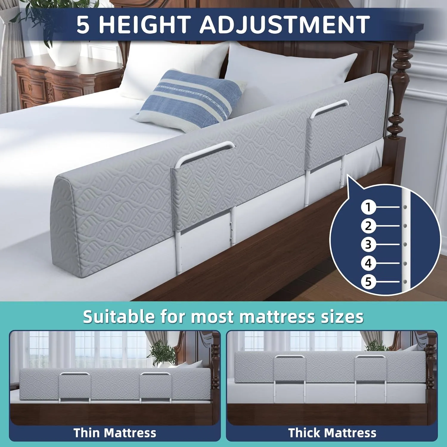 Bed Bumper for Toddlers, Foam Bed Rail for Toddlers, Toddler Bed Rail Bumper, Soft Safety Bed Guard Rail for Kids, Bed Side Rail for Twin, Full, Queen & King Beds (Grey, 51IN)