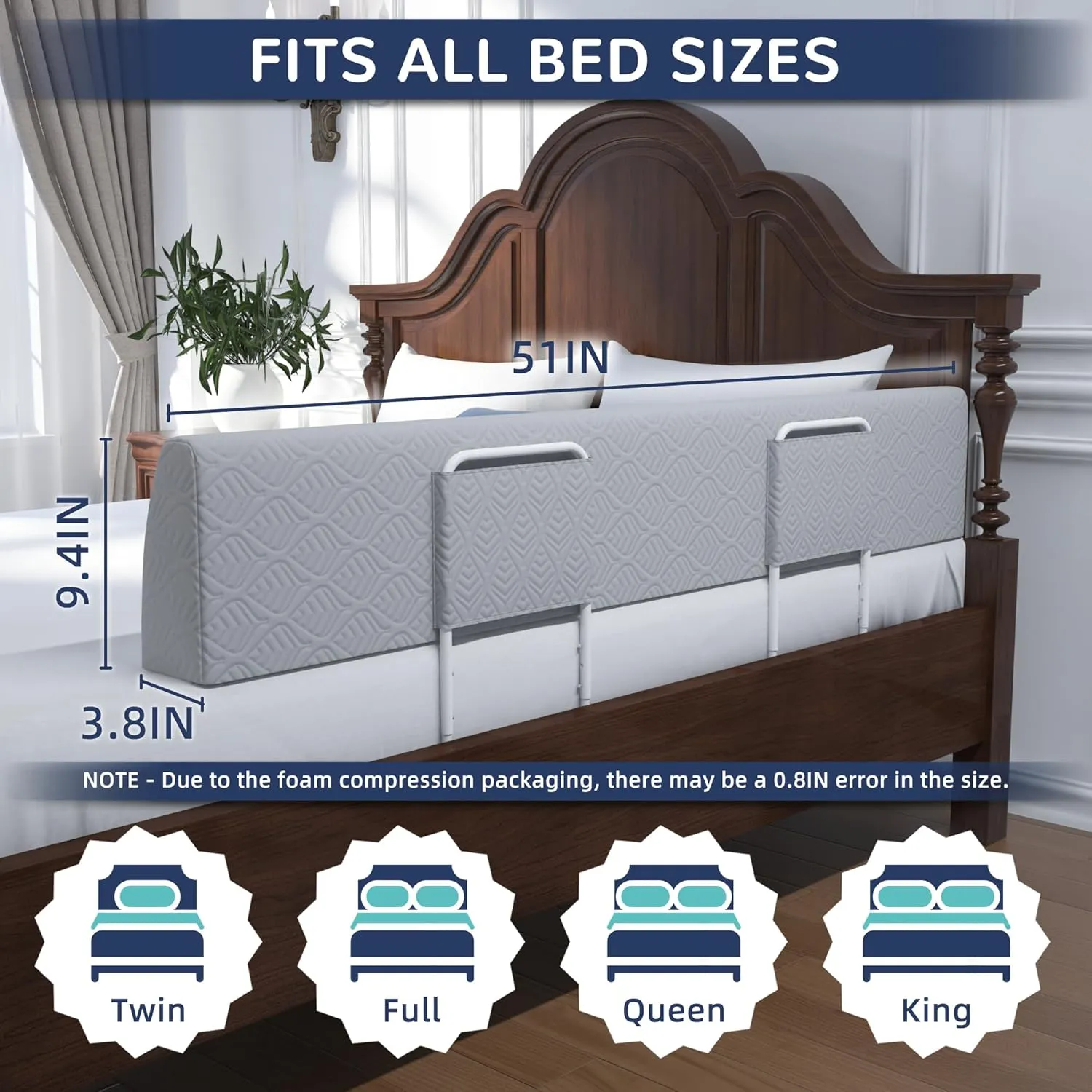 Bed Bumper for Toddlers, Foam Bed Rail for Toddlers, Toddler Bed Rail Bumper, Soft Safety Bed Guard Rail for Kids, Bed Side Rail for Twin, Full, Queen & King Beds (Grey, 51IN)