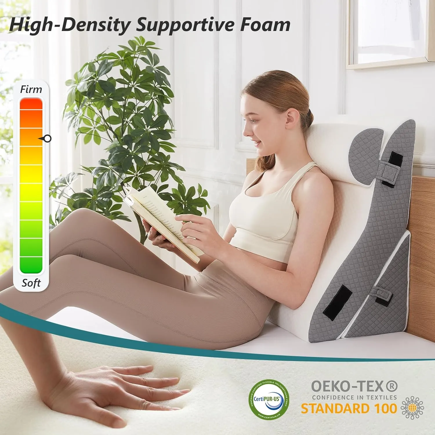 Bed Wedge Pillow for Sleeping 3 PCS - 35D Foam Wedge Pillow Post Surgery for Back Leg Pain Relief - 22.5" Wide Triangle Pillow Wedge for Acid Reflux & Snoring & GERD (White Grey)