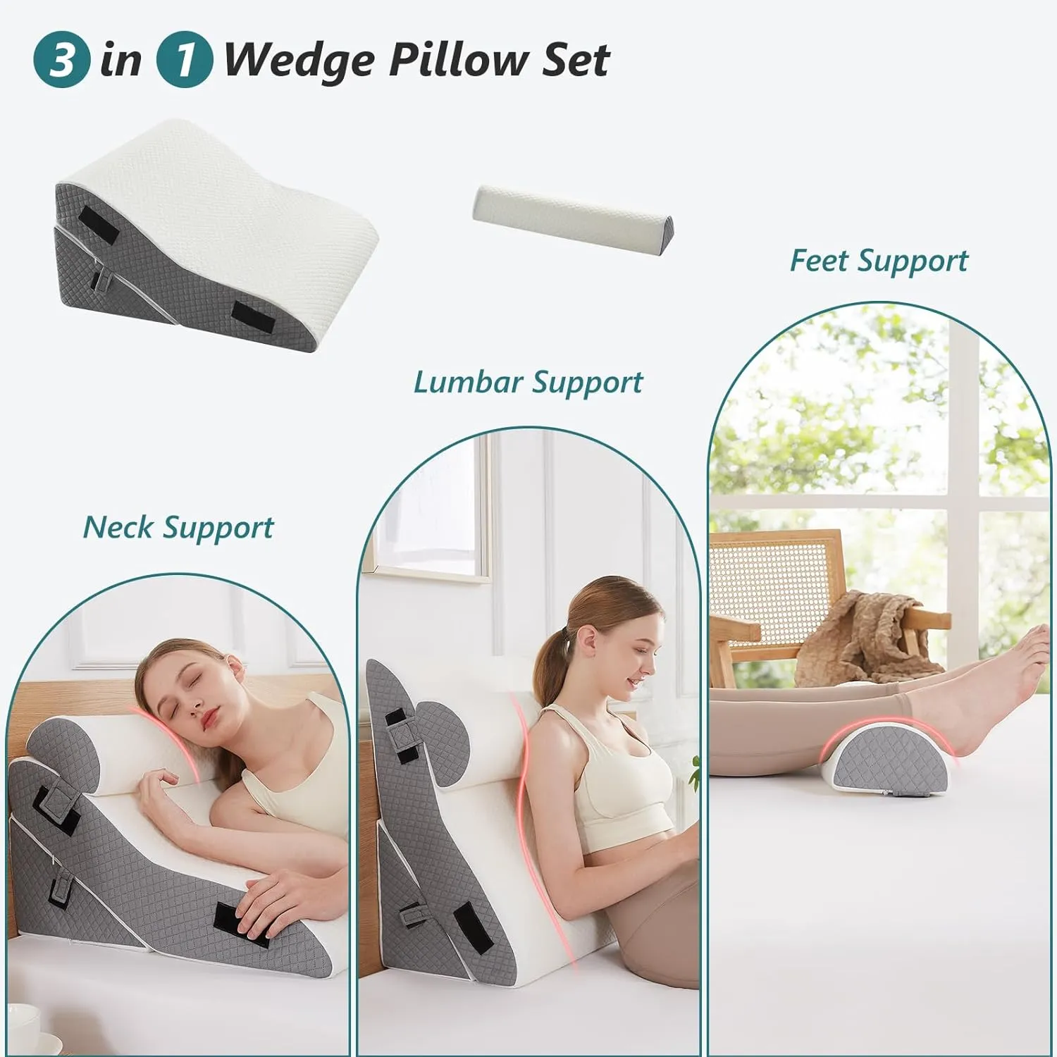 Bed Wedge Pillow for Sleeping 3 PCS - 35D Foam Wedge Pillow Post Surgery for Back Leg Pain Relief - 22.5" Wide Triangle Pillow Wedge for Acid Reflux & Snoring & GERD (White Grey)