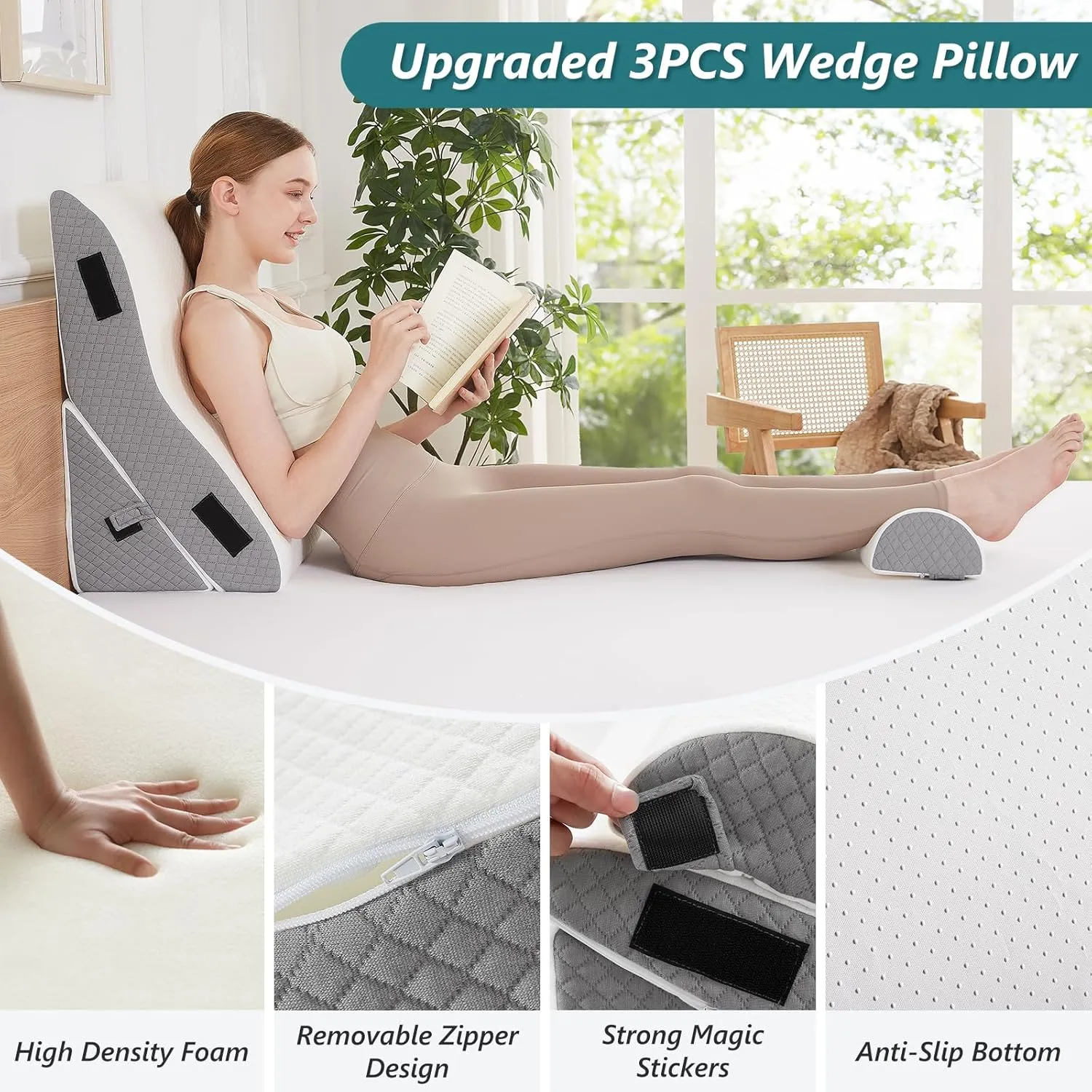 Bed Wedge Pillow for Sleeping 3 PCS - 35D Foam Wedge Pillow Post Surgery for Back Leg Pain Relief - 22.5" Wide Triangle Pillow Wedge for Acid Reflux & Snoring & GERD (White Grey)
