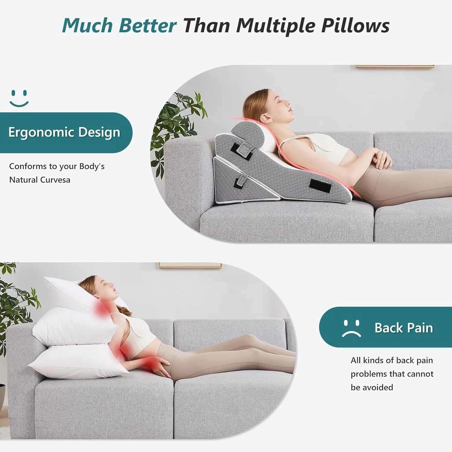 Bed Wedge Pillow for Sleeping 3 PCS - 35D Foam Wedge Pillow Post Surgery for Back Leg Pain Relief - 22.5" Wide Triangle Pillow Wedge for Acid Reflux & Snoring & GERD (White Grey)